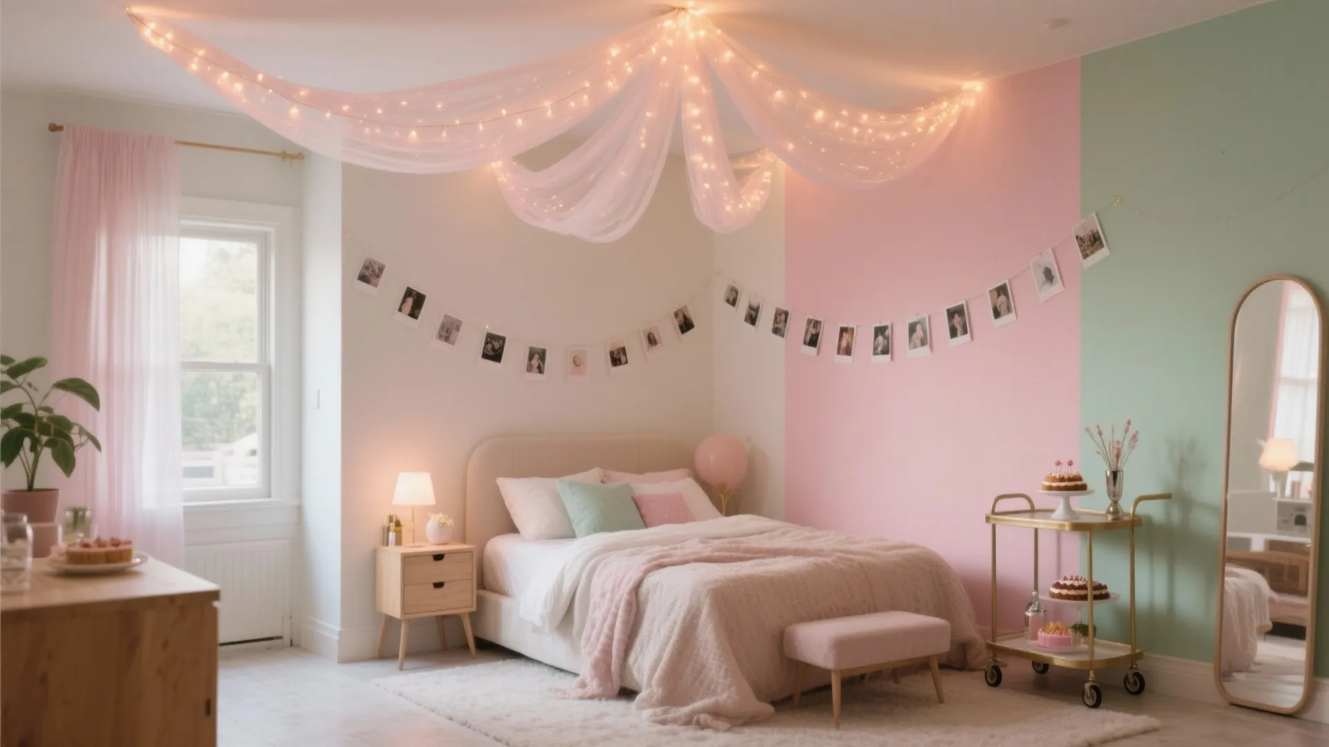 Pink and green bedroom with canopy ceiling lights photo garland bedside table and storage cart