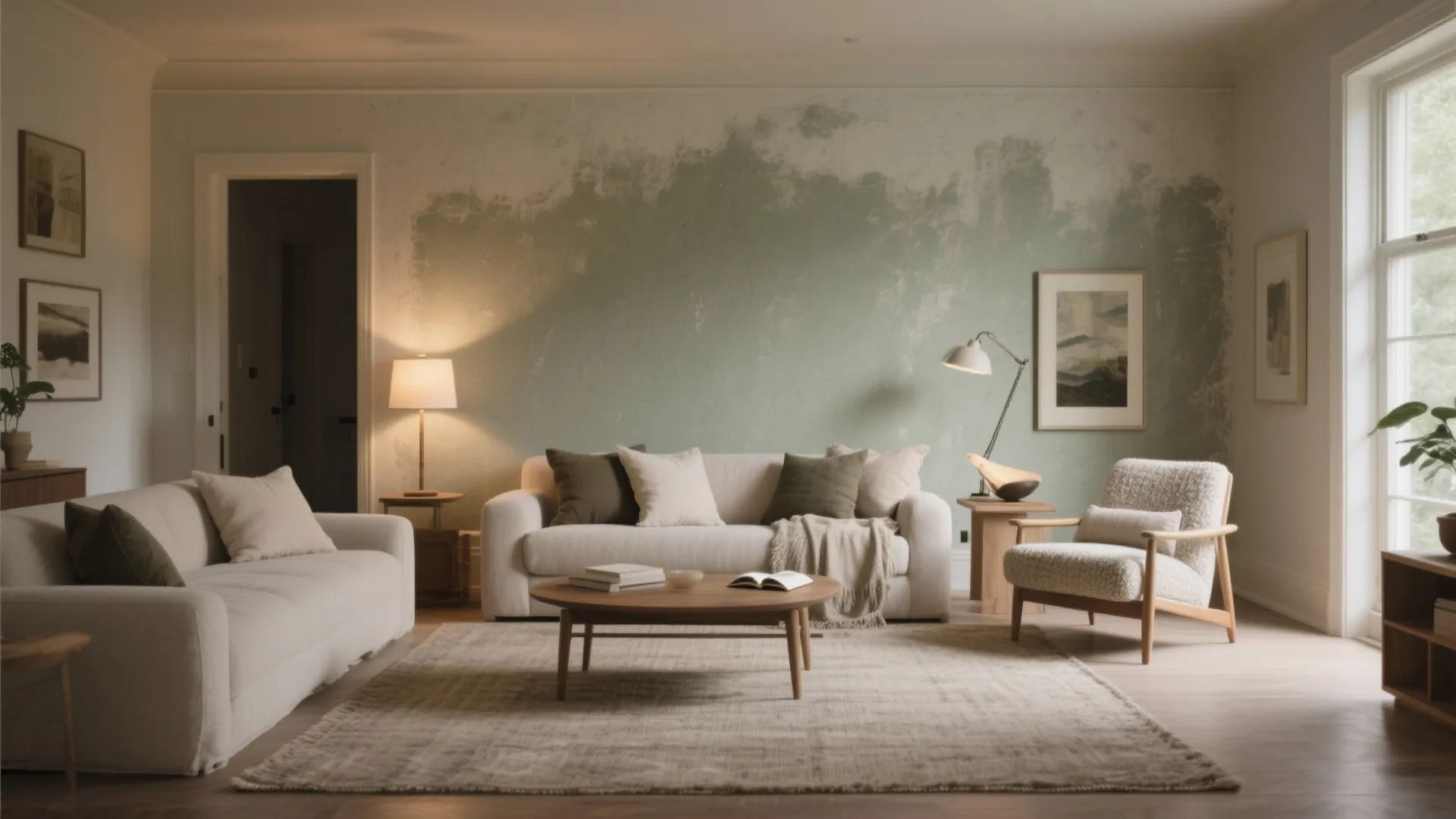 Modern living room with green textured wall, white sofa, wooden coffee table, and soft lamp