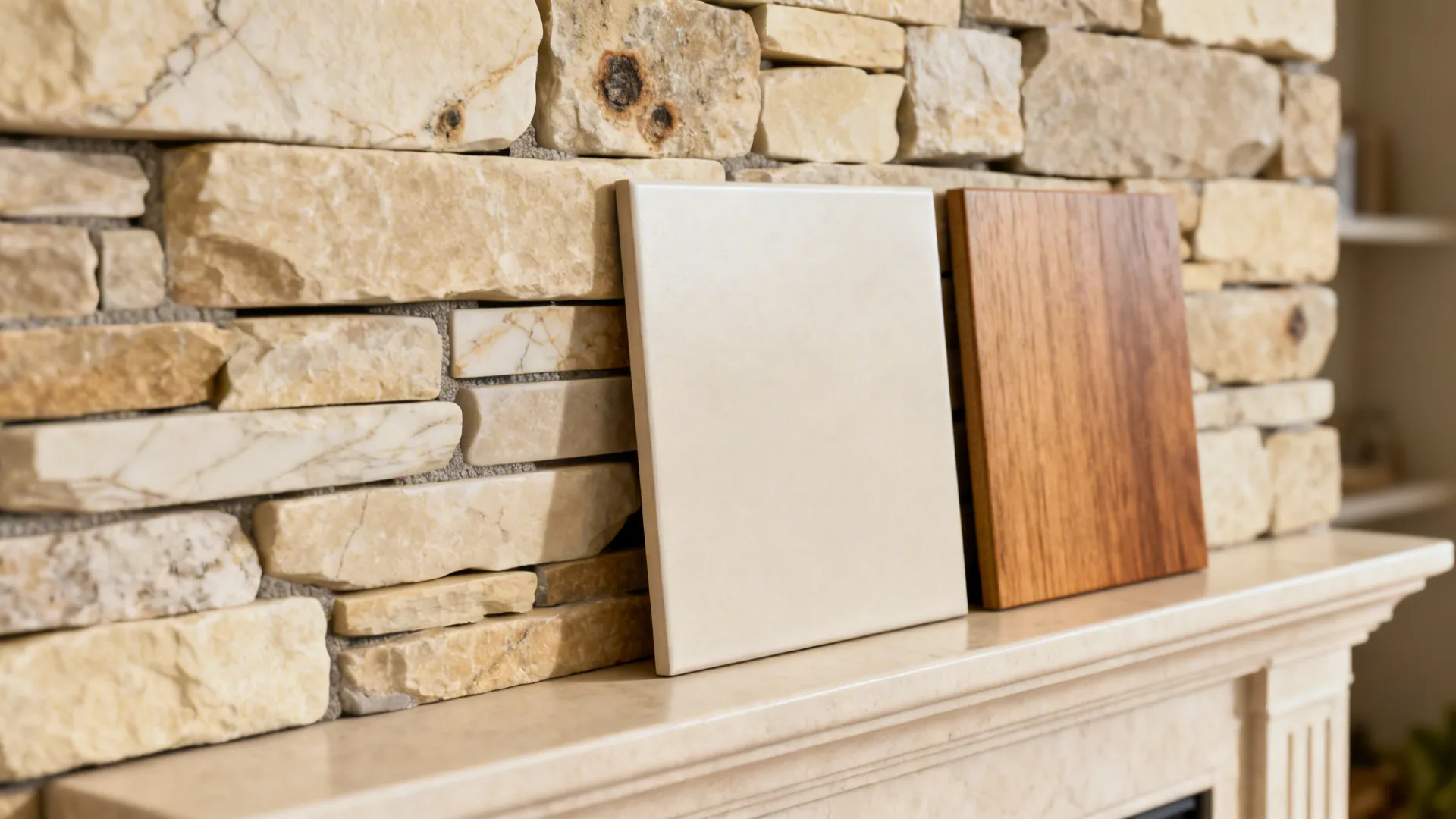 Close-up of stone, tile, and sealed wood textures for fireplace surrounds.