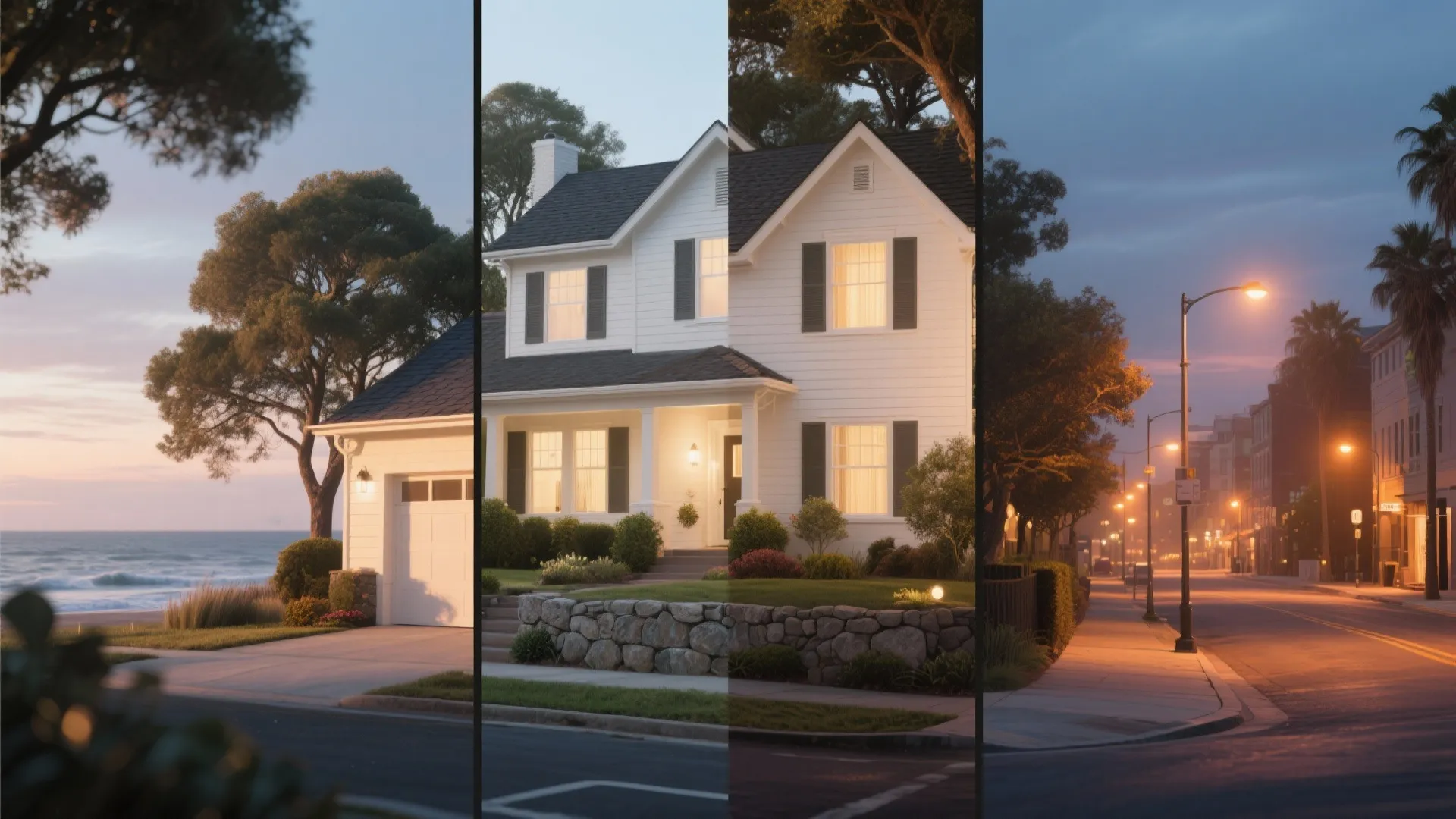 Four split views showing a white house under different lighting from sunset to night street