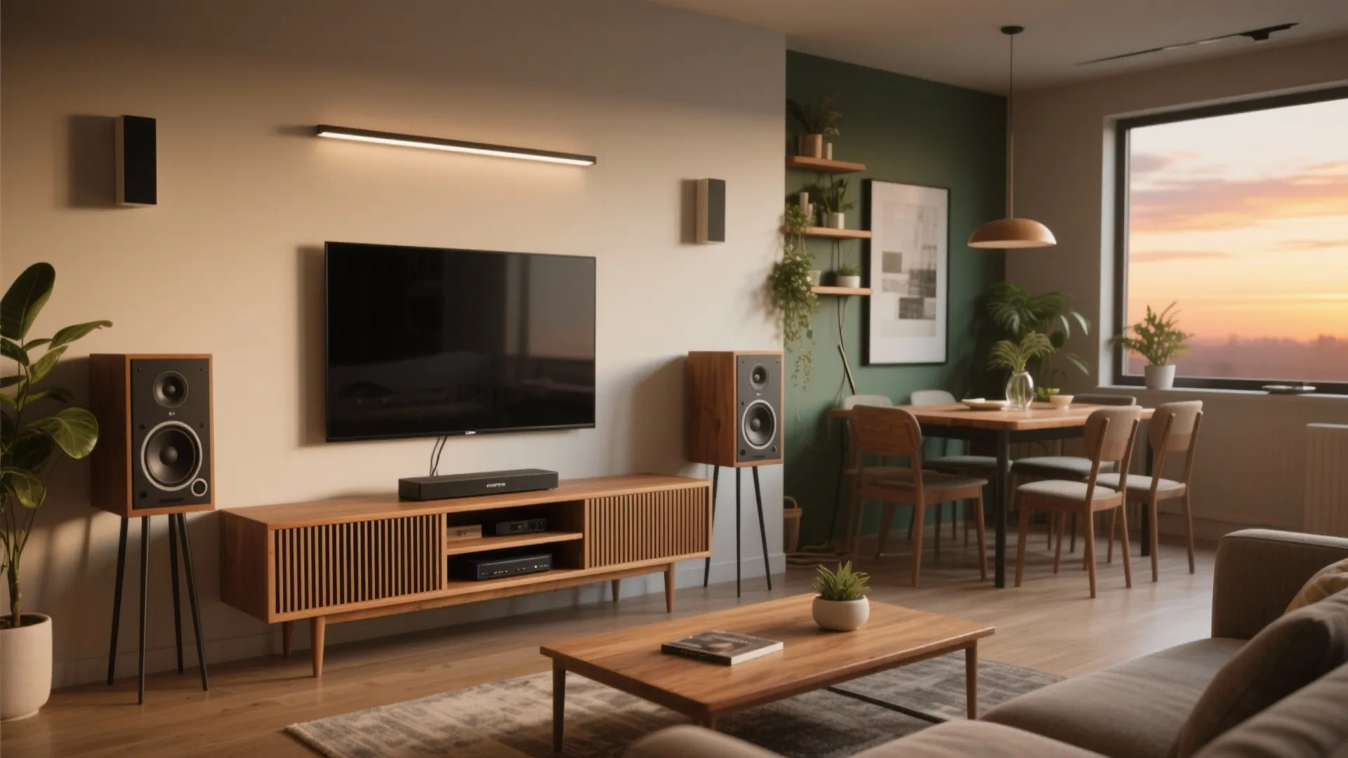 Modern living room featuring a television wood cabinet large speakers green wall and dining table set