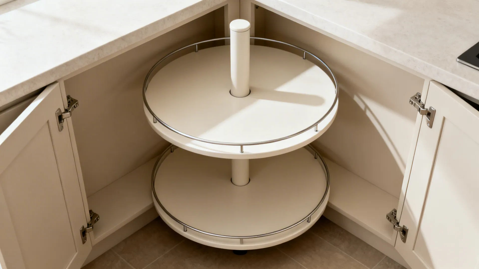 Top-down view of a two-tier rotating full-circle platform inside a corner cabinet.