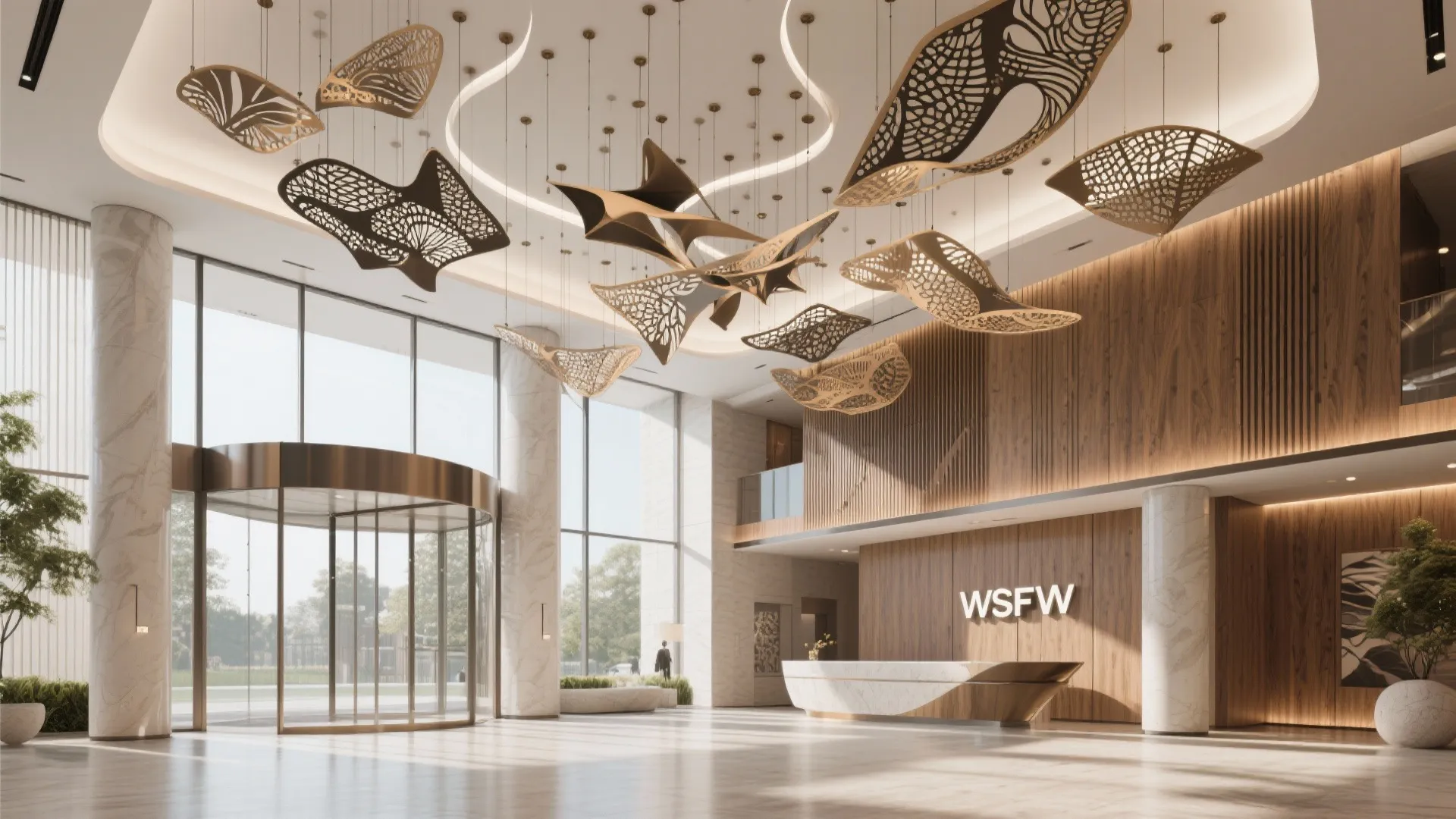 Suspended sculptural elements add movement to a lobby