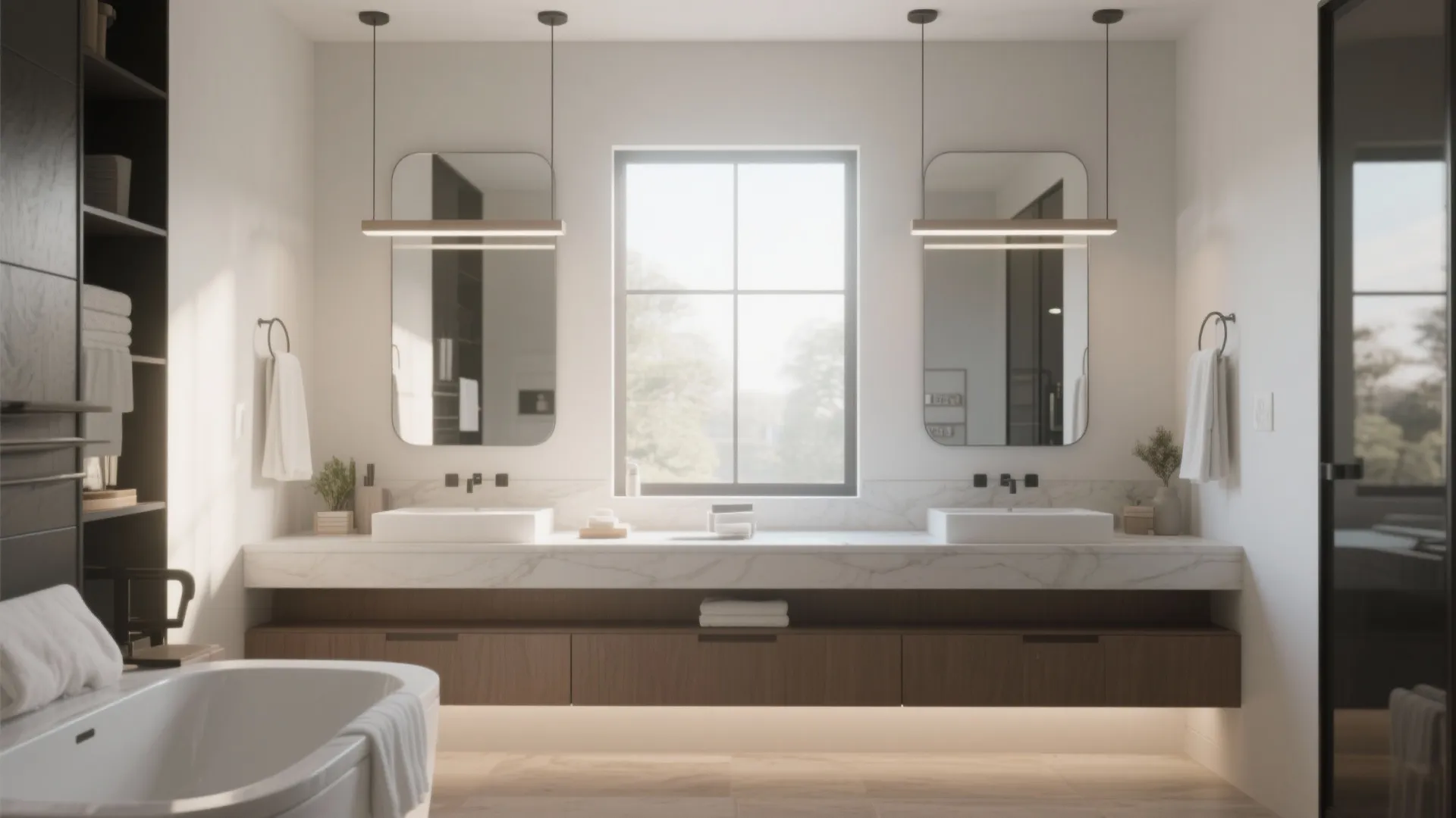Bright bathroom with two hanging mirrors above marble counter and wooden cabinet near large white window