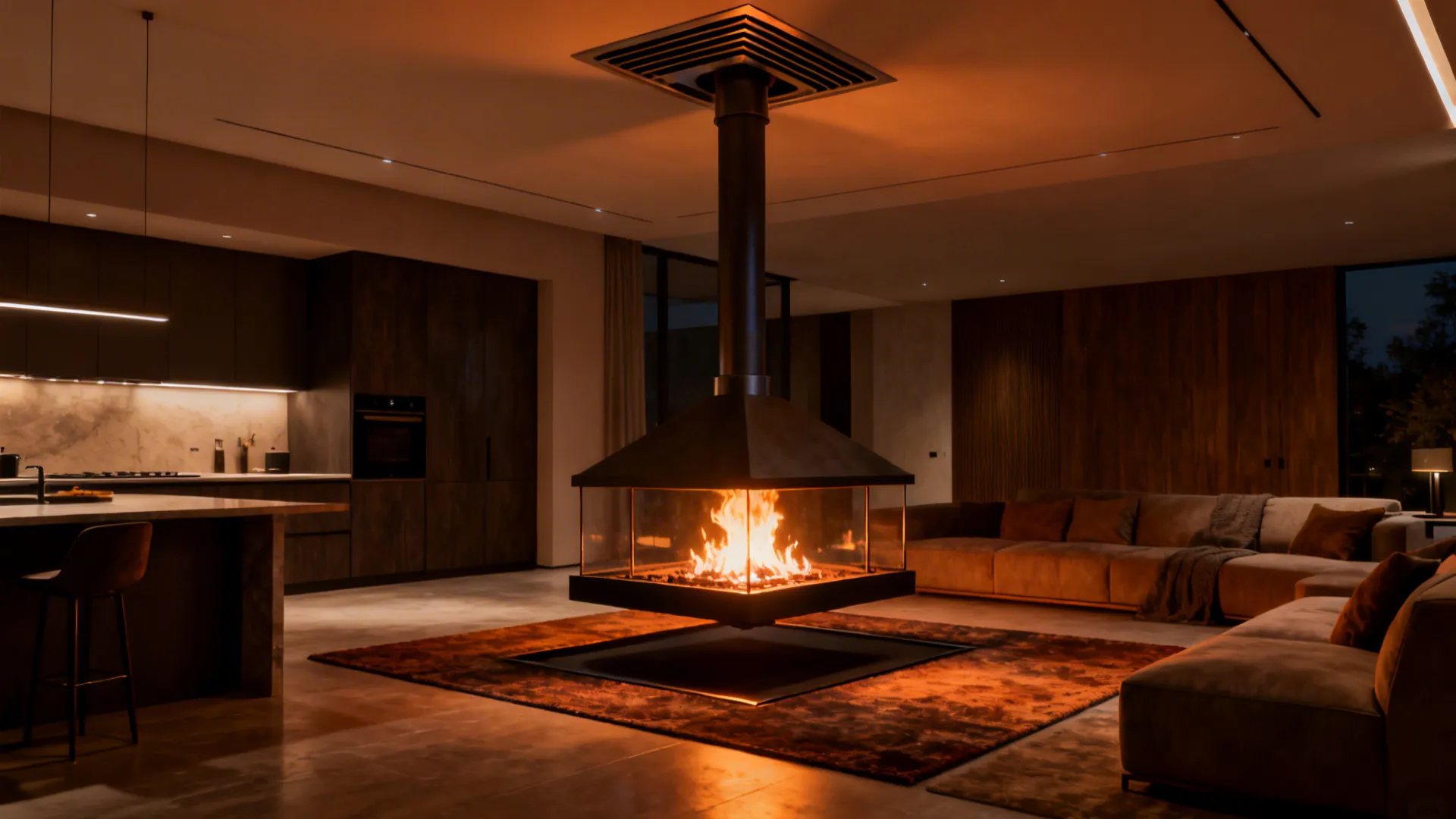 Suspended outdoor-style fireplace with central flue vented through the ceiling in an open-plan interior.