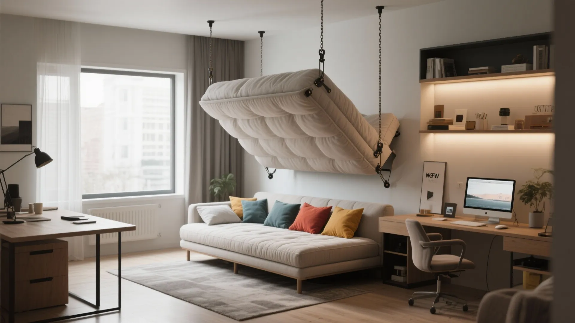 Multi-use room with a suspended futon swing used as bench and bed with quick-release anchors