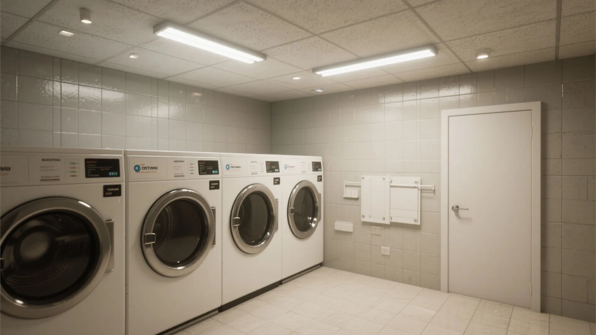 Commercial laundry room with row of washing machines white wall tiles and bright ceiling light fixtures