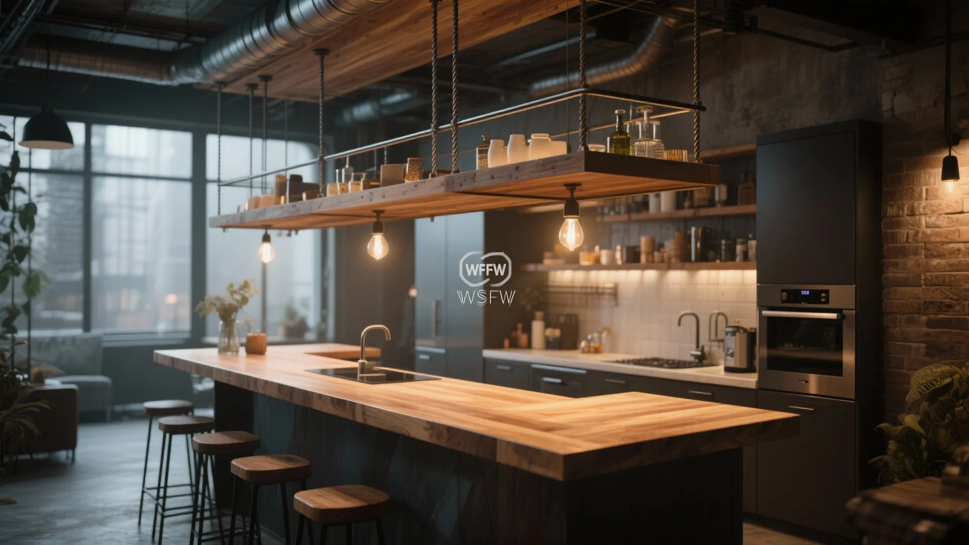 Modern industrial kitchen with long wood counter stools and a unique hanging wooden shelf light