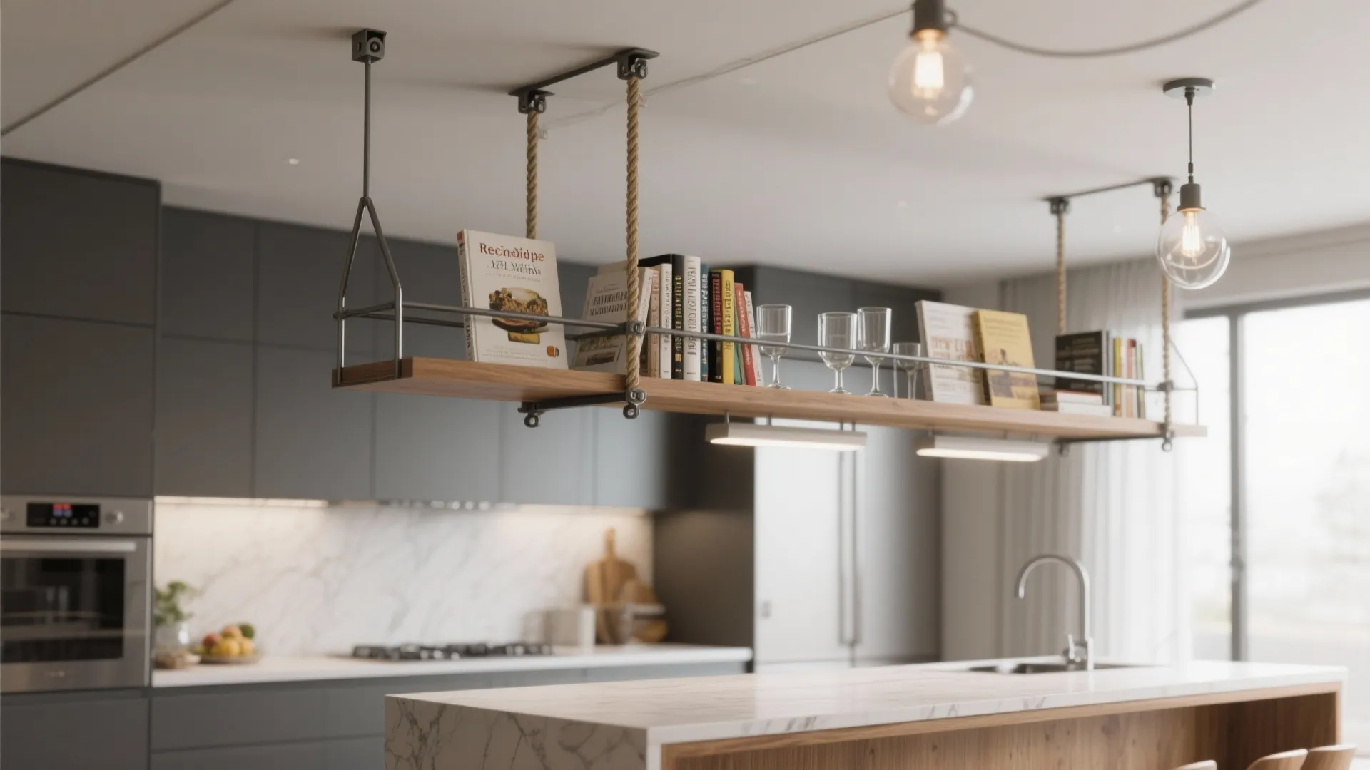 Hanging wooden shelf over a kitchen island holding books and wine glasses with light bulbs