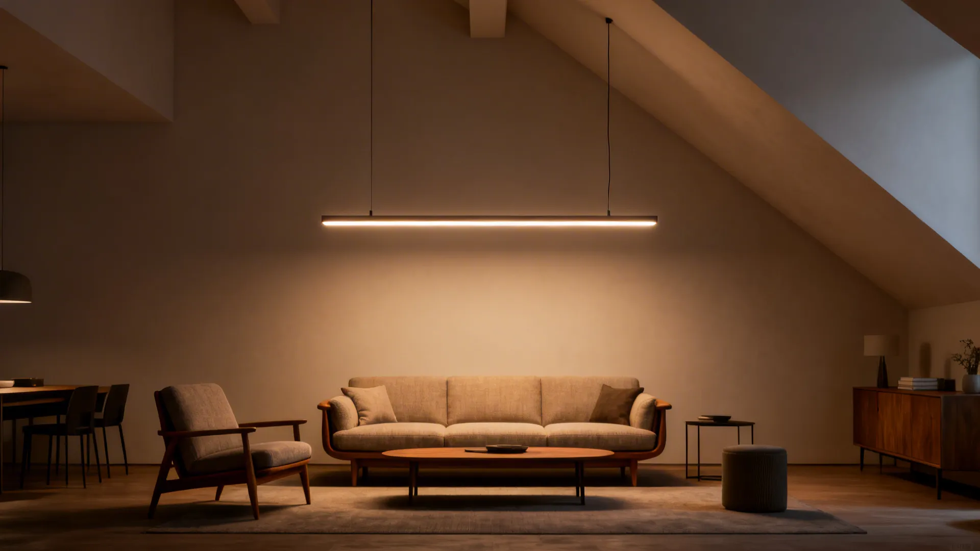 Suspended slim LED linear pendant hung level above a sofa to balance a sloped ceiling.