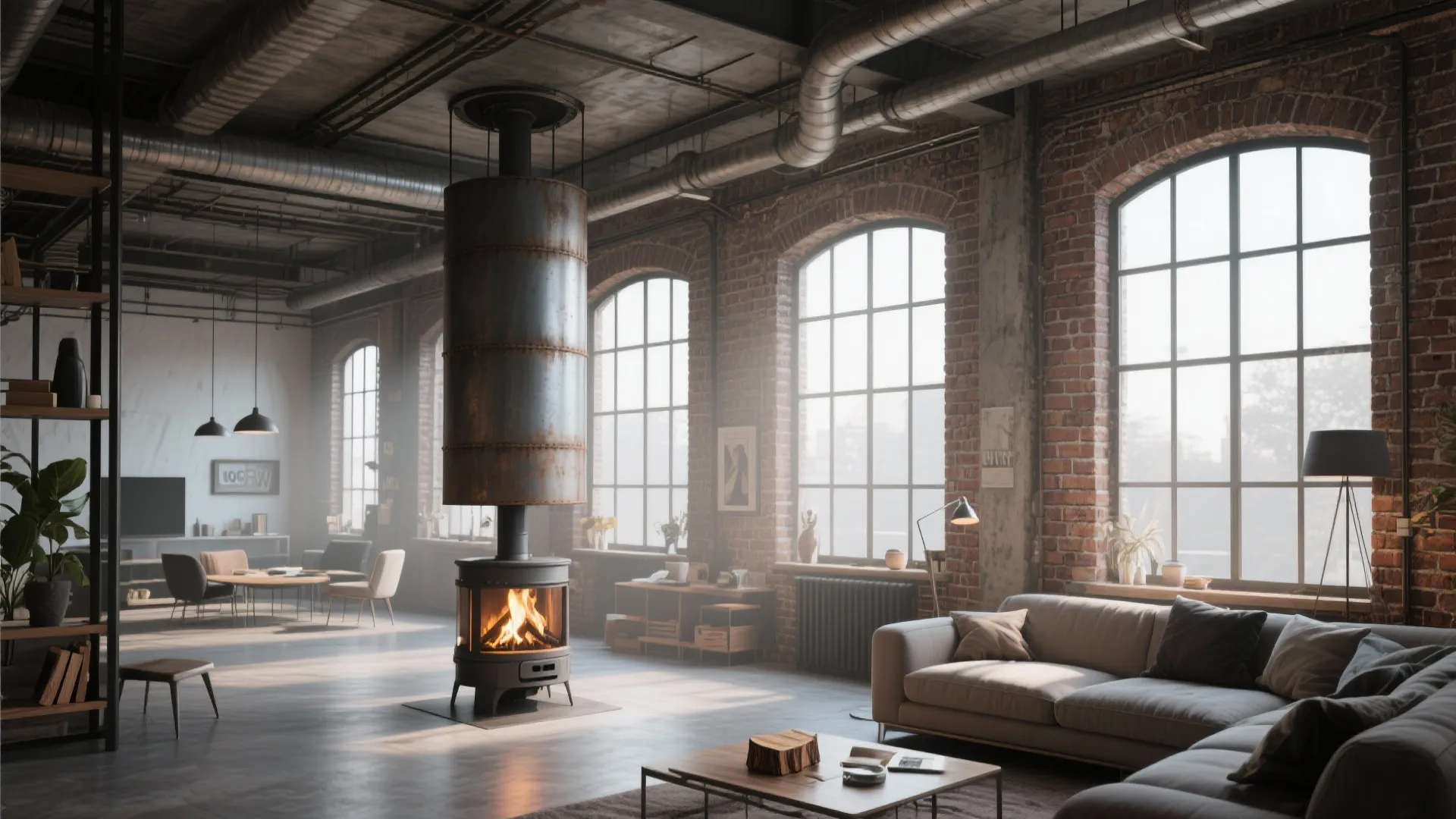 Industrial loft living room with brick walls large windows a tall metal fireplace and grey sofa