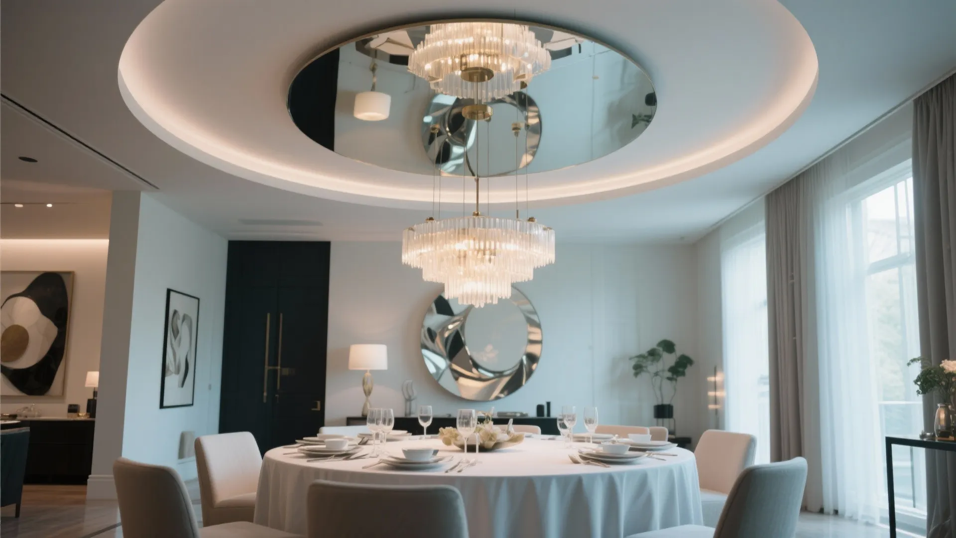 Modern dining room with round table and crystal ceiling light reflected in large circular wall mirror