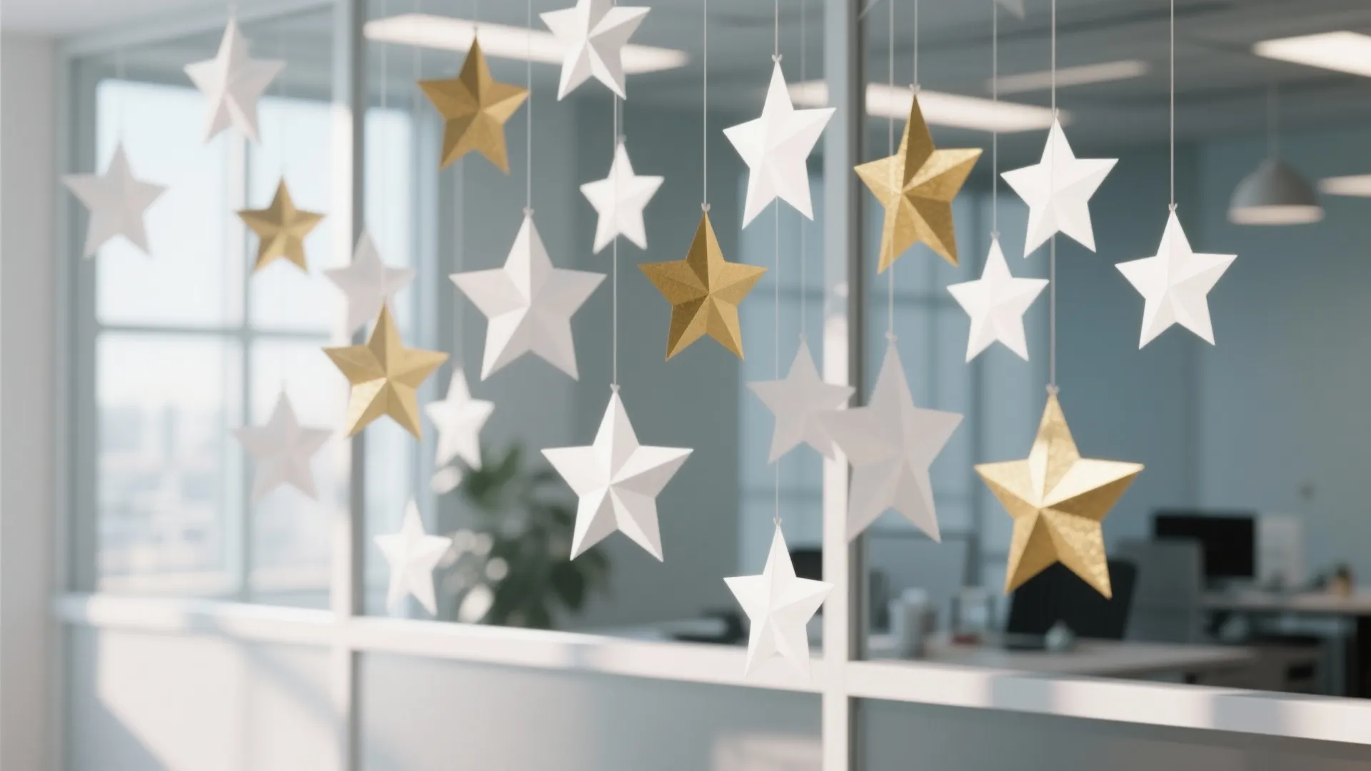 Many white and gold paper stars hanging from the ceiling in a bright modern office