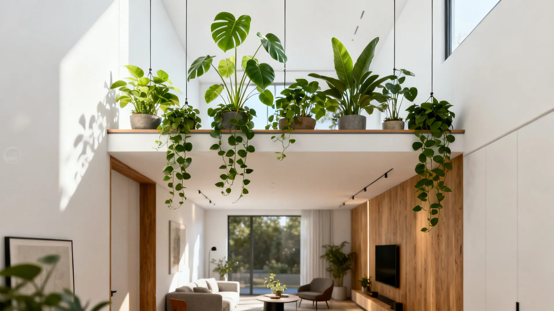 Small living room with suspended planters and trailing greenery near the ceiling.