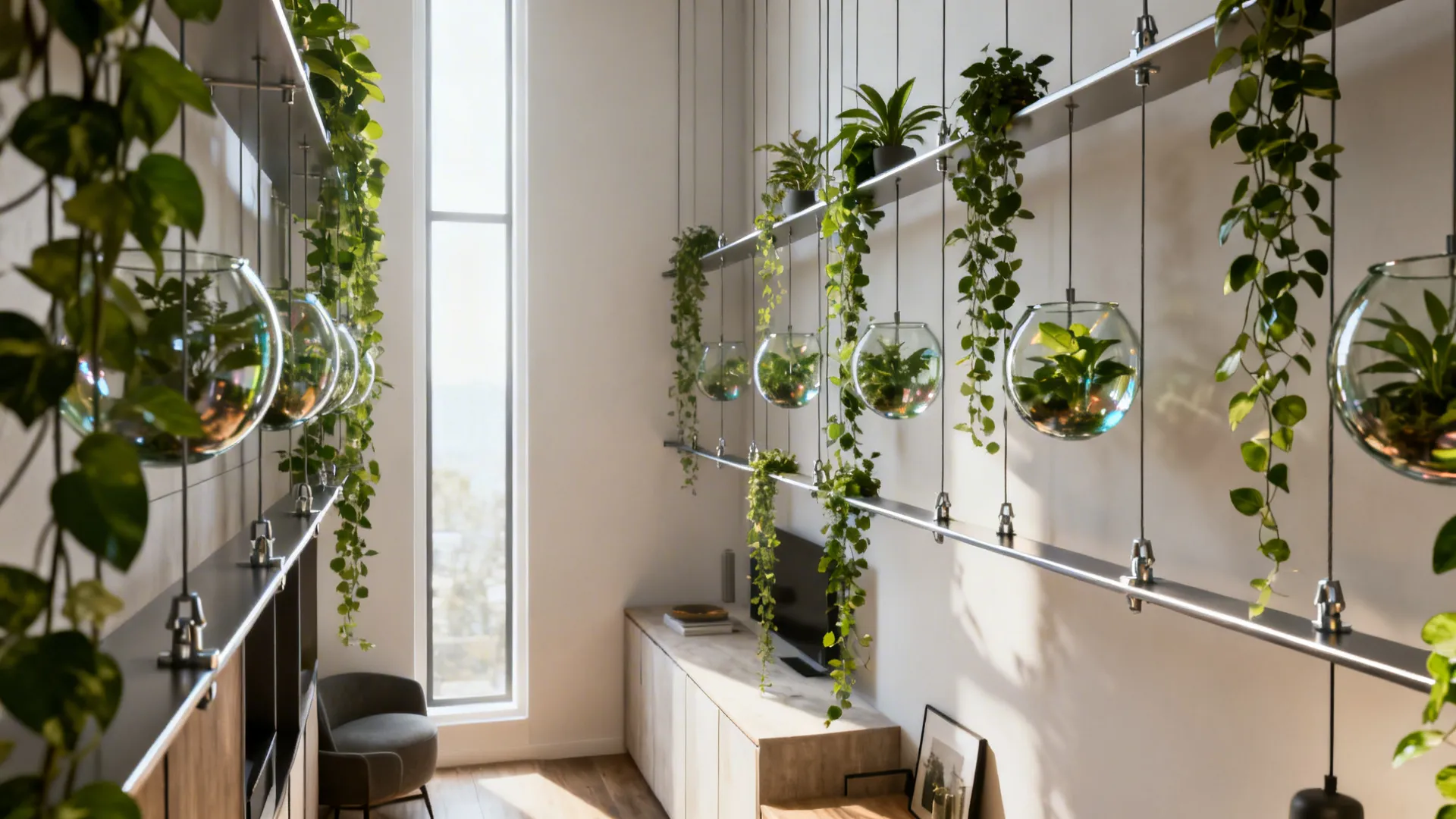 Glass suspended planters and slim hanging shelves lifting greenery and storage toward the ceiling.