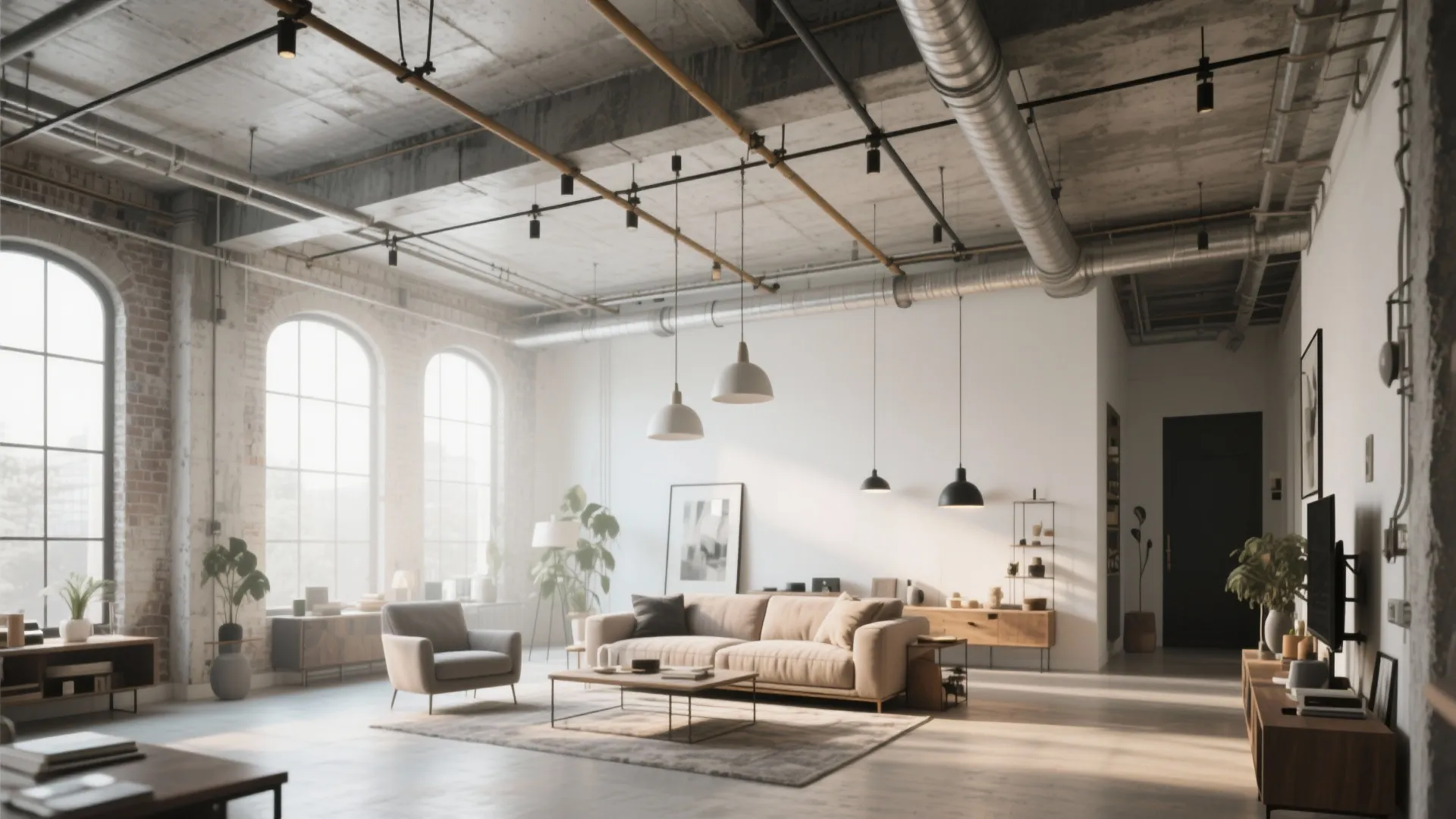 Loft living room with suspended track rails hanging from ceiling