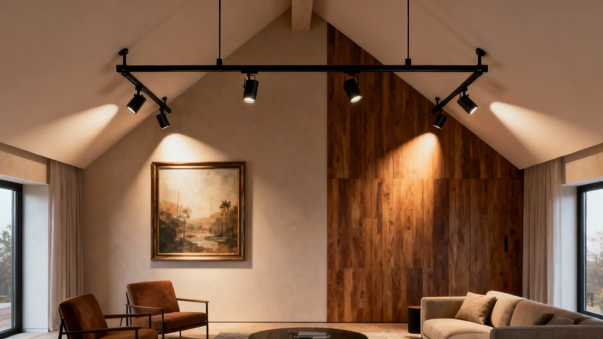 Modern living room with black track lighting illuminating a framed painting and wooden wall panel