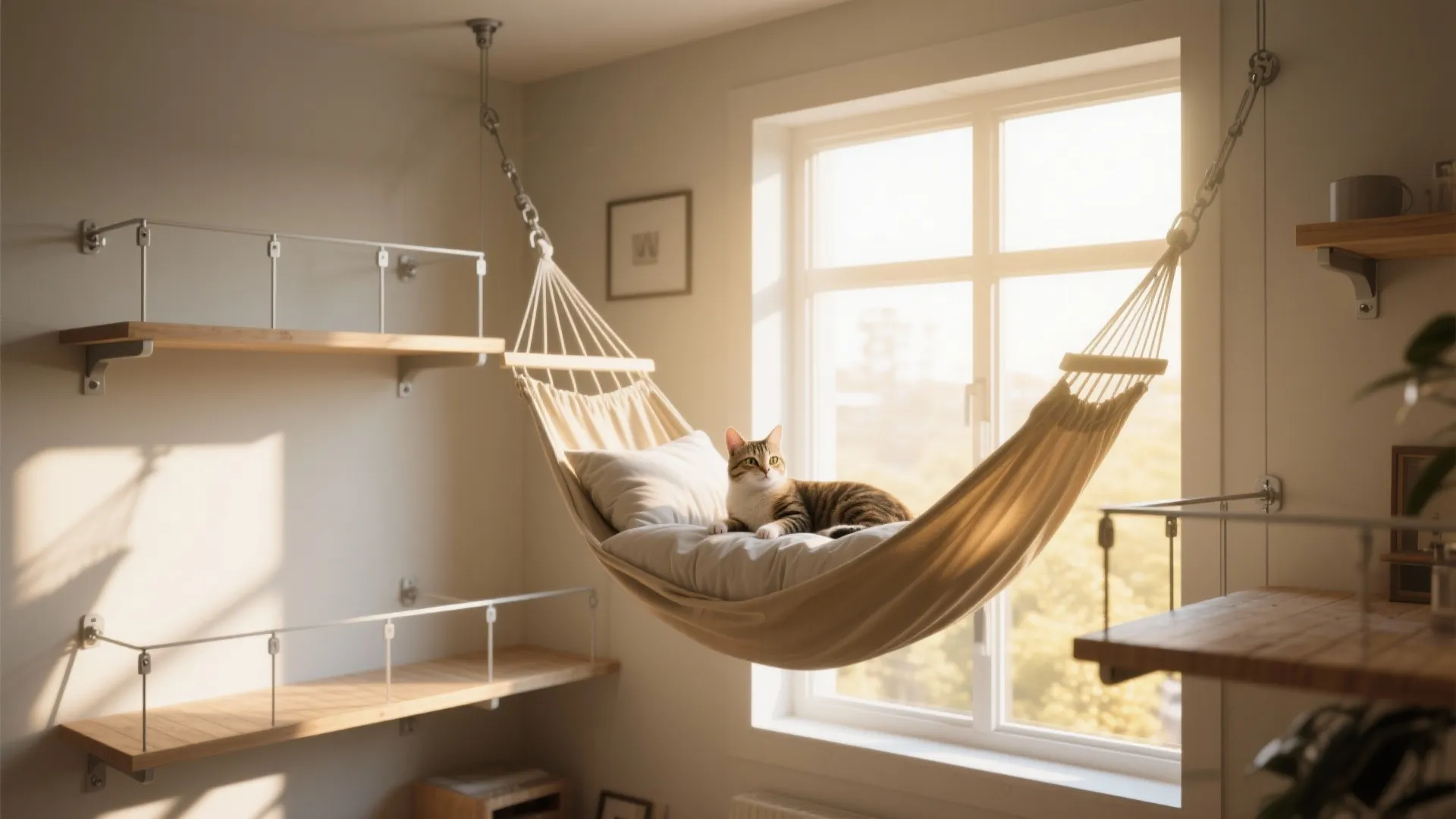 Striped cat resting in hanging cloth hammock by a sunny window with wooden wall shelves