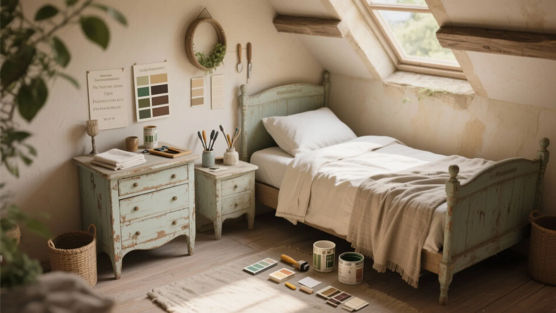 Small attic bedroom with vintage blue bed paint cans on floor and a roof window