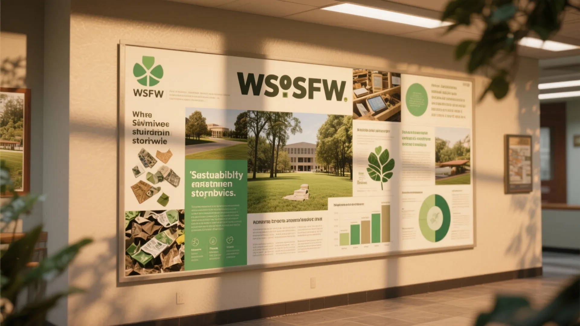 Large informational poster on wall featuring sustainability topics with text charts and green nature photos