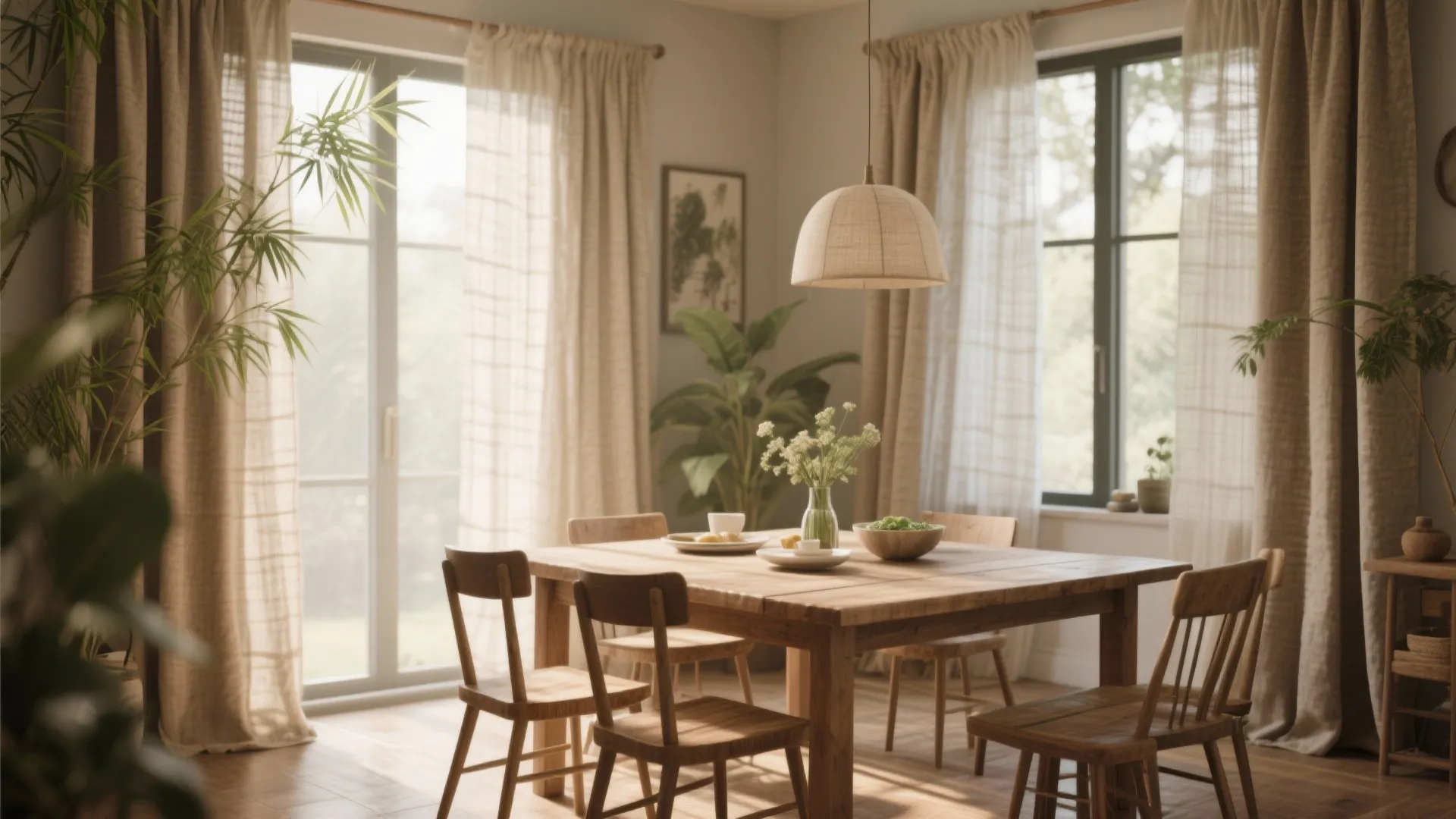 Bright dining room with wooden table chairs hanging light green plants and light brown window curtains