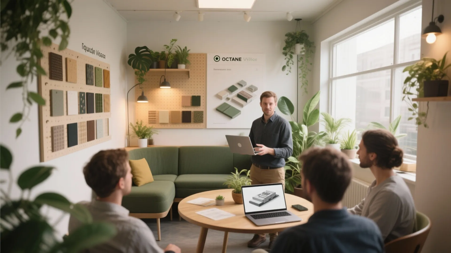 Designer giving presentation with laptop to team in green office with many indoor potted plants