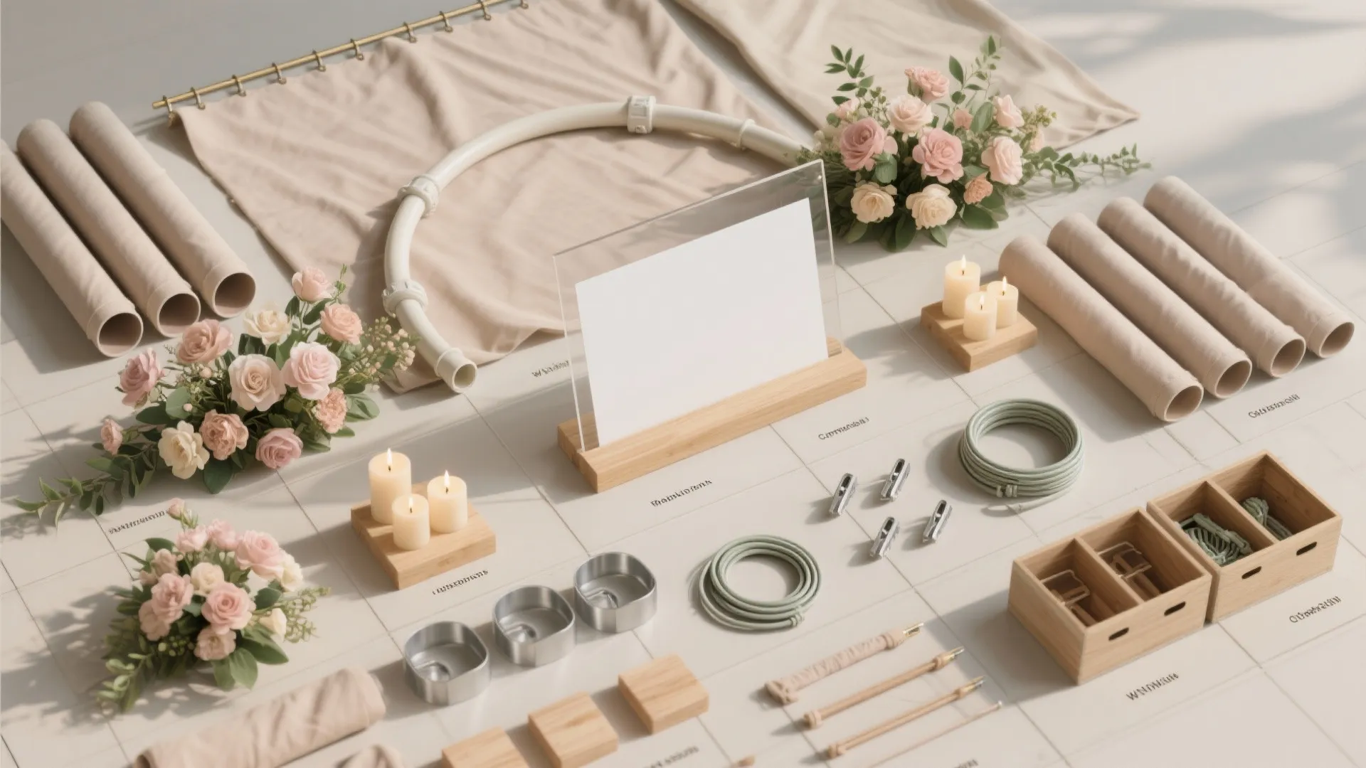 Table top with craft supplies pink roses white paper candles wood boxes and beige fabric rolls