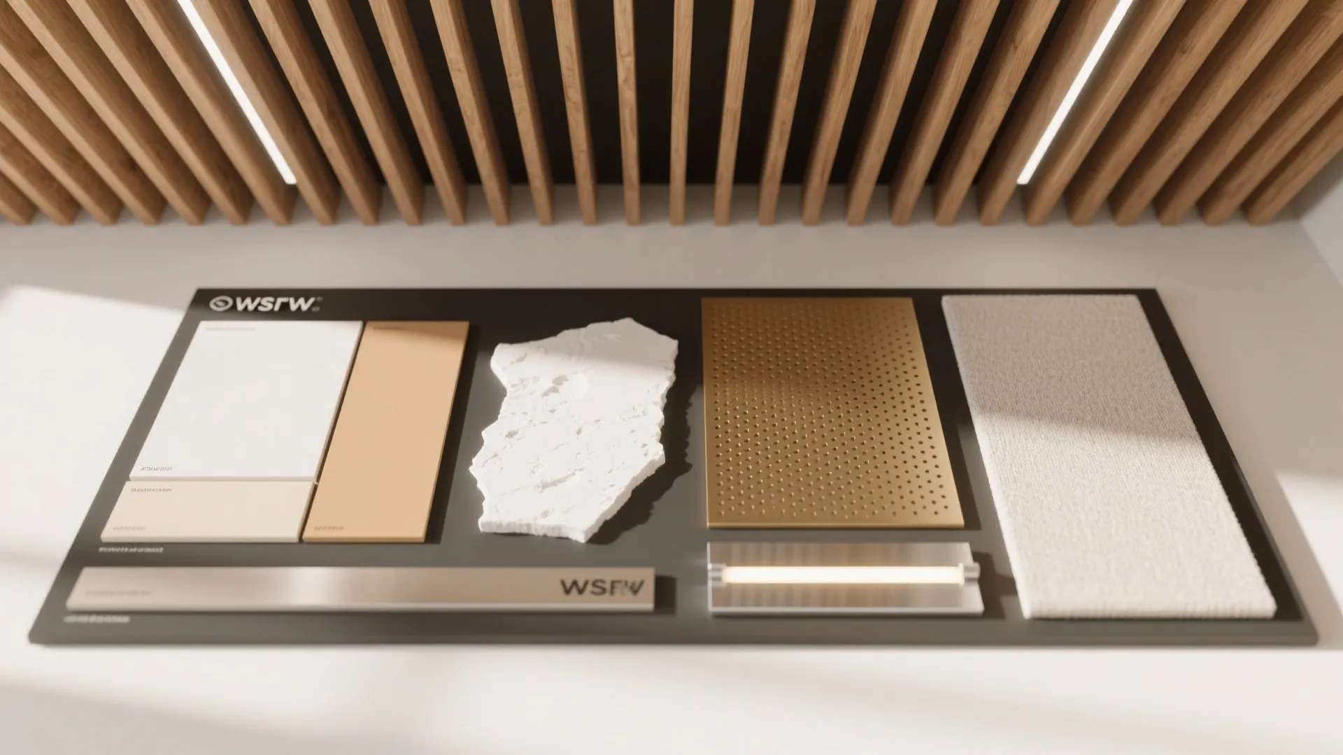 Flat lay of wood-look slats, low-VOC paint swatches, brass, perforated gypsum, LED channel, and fabric.