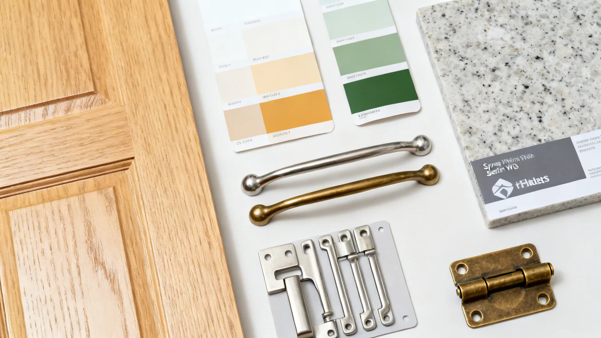 Flatlay of maple door sample with low-VOC satin finish, color chips, quartz, and hardware.