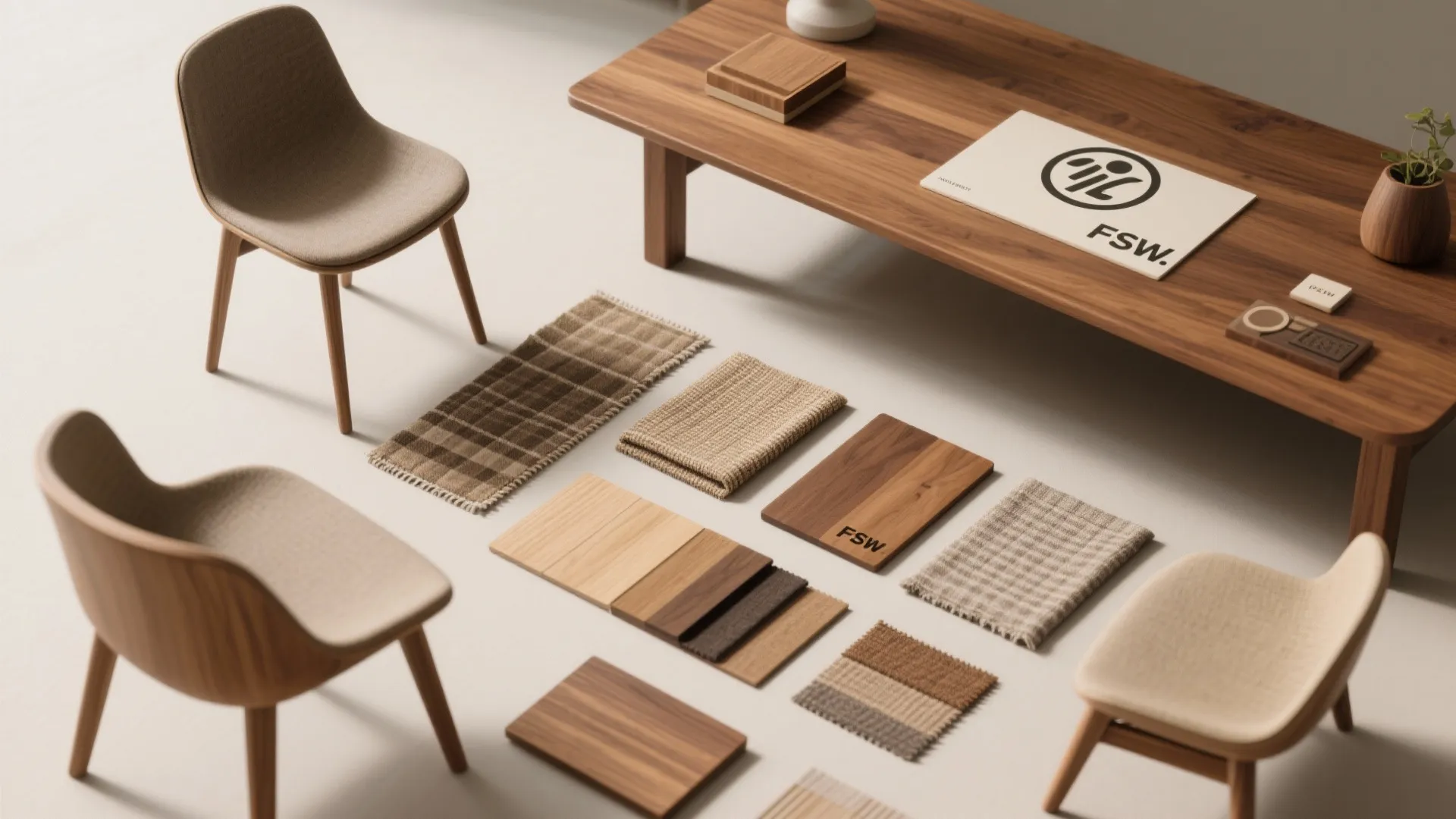 Interior design material samples showing wood boards and fabric swatches next to chairs and table