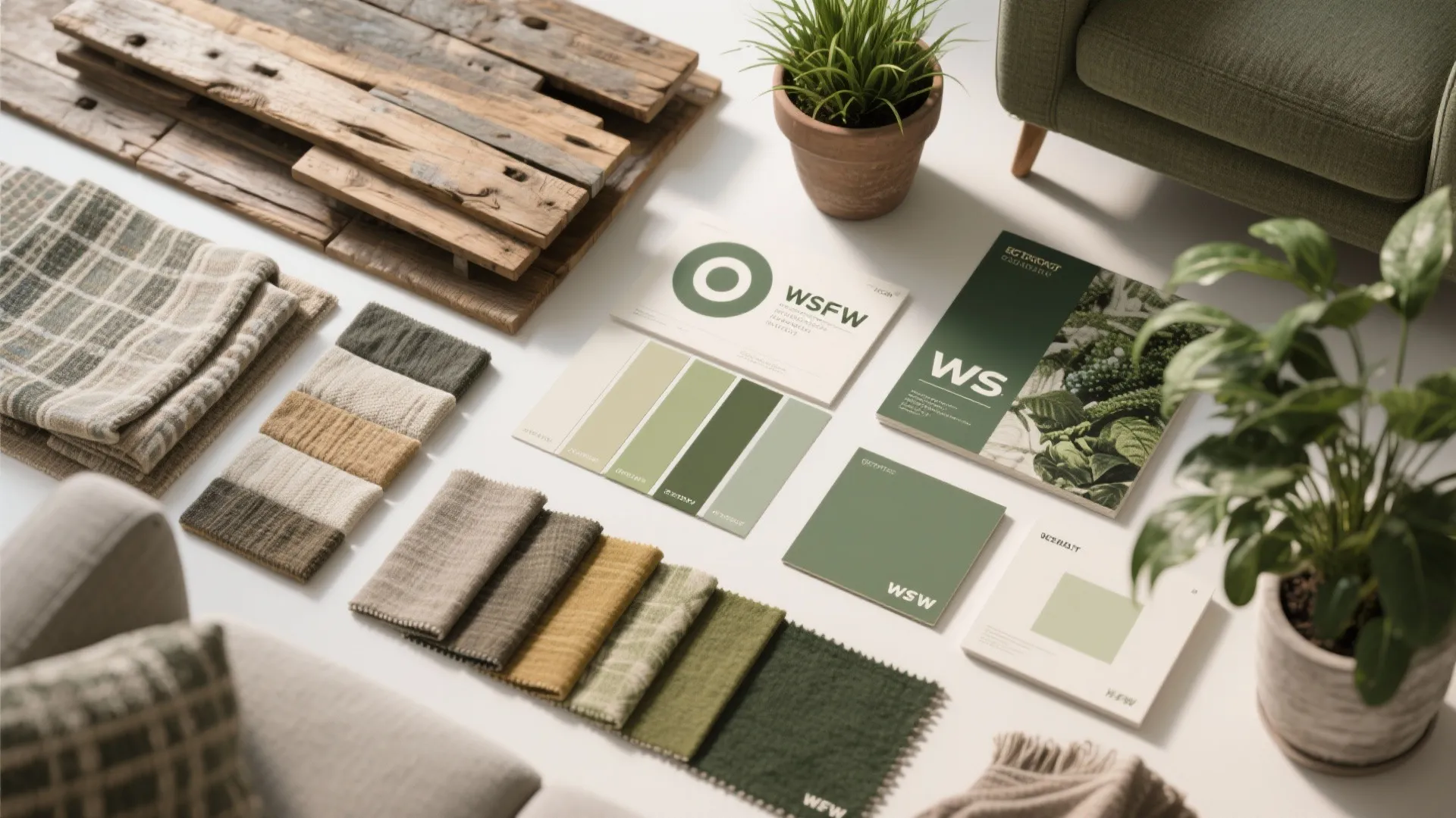 Collection of green fabric samples and wood planks for sustainable interior design project color palette