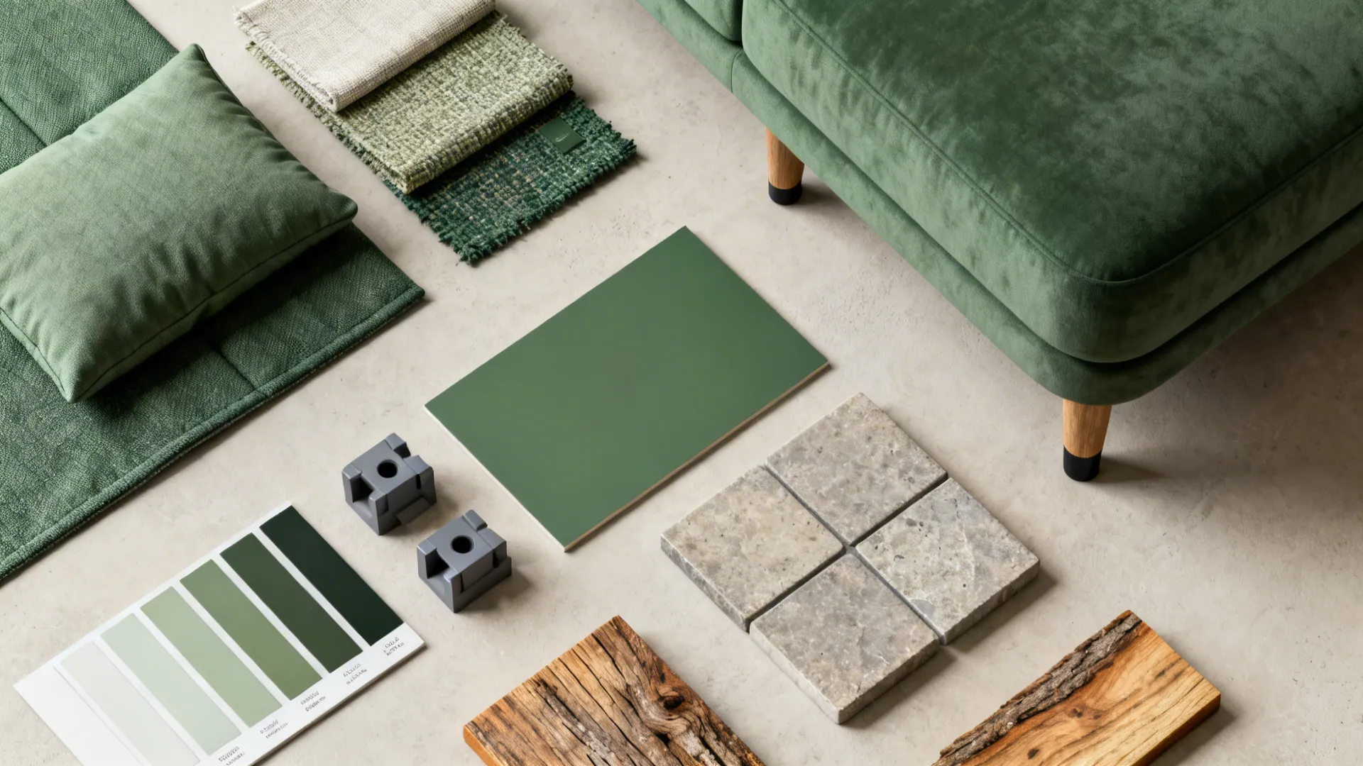 Top-down flatlay of sustainable textiles, reclaimed wood, low-VOC paint chips and modular components