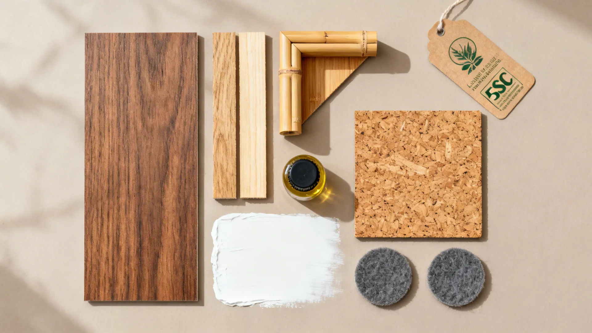 Top-down selection of walnut-look laminate, oak, beech, bamboo, and cork materials.