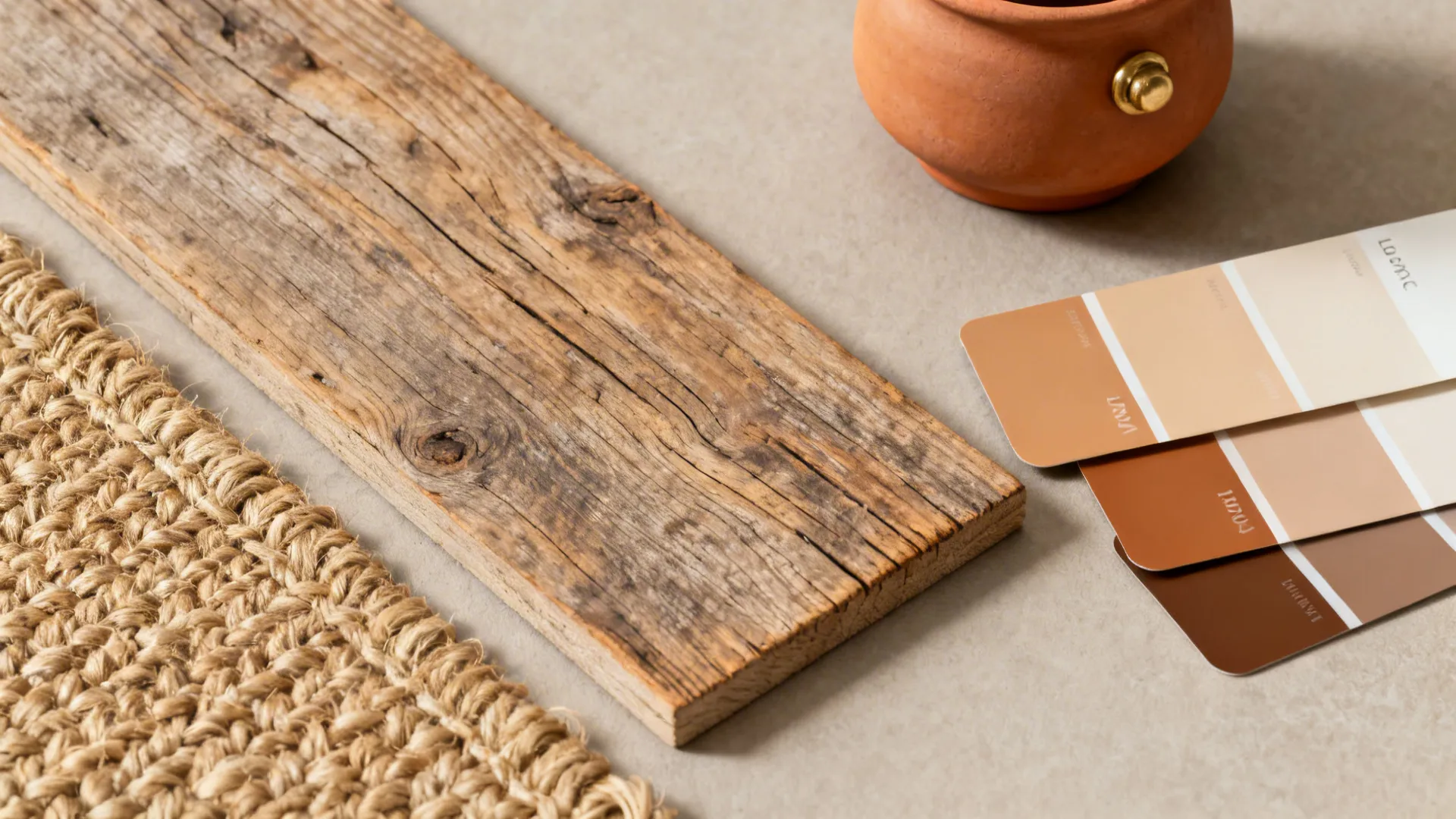 Wood plank woven rug clay pot and brown color swatches on a grey concrete floor