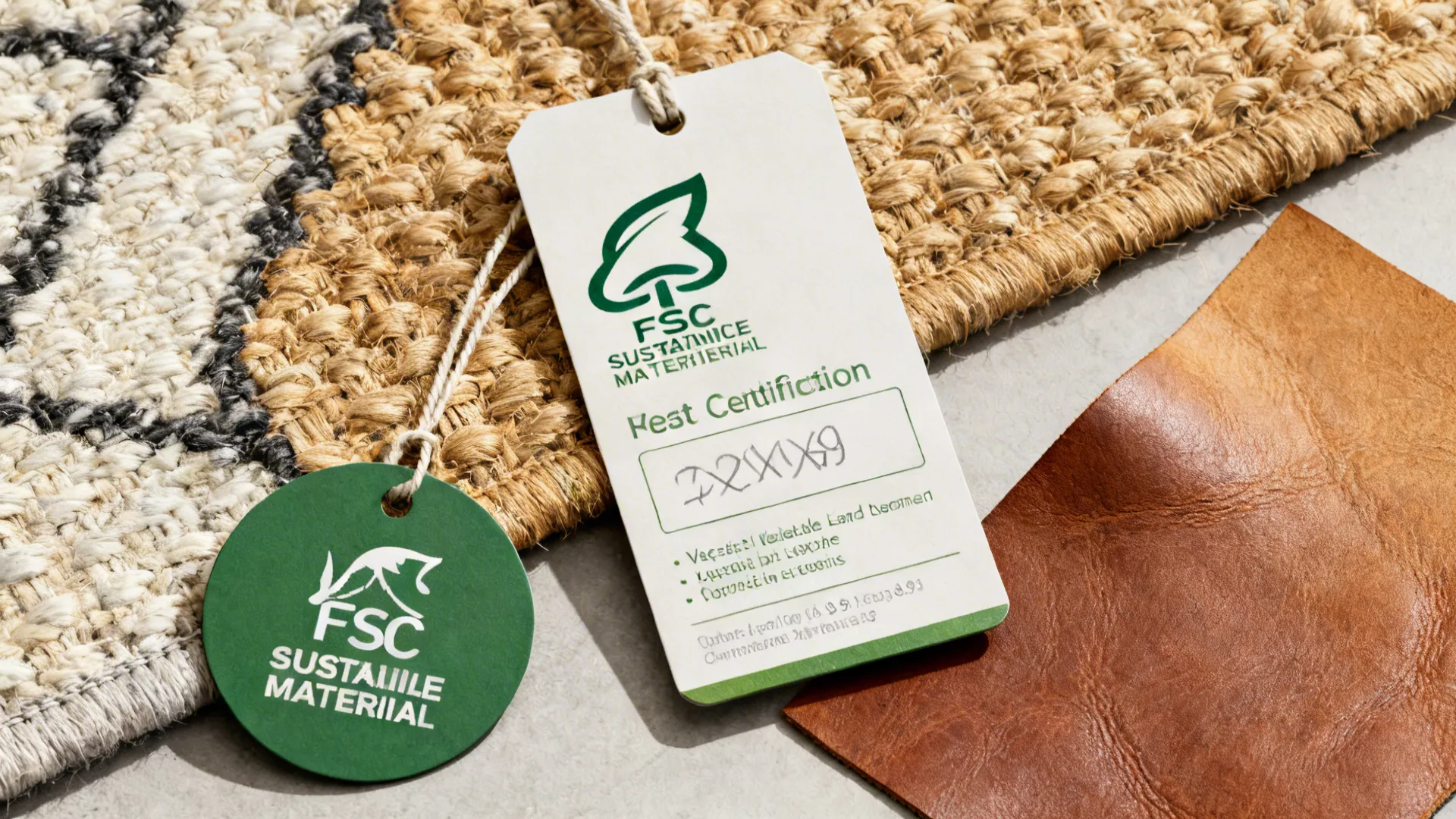 Close-up of sustainable material tags, FSC card, rug and leather samples.