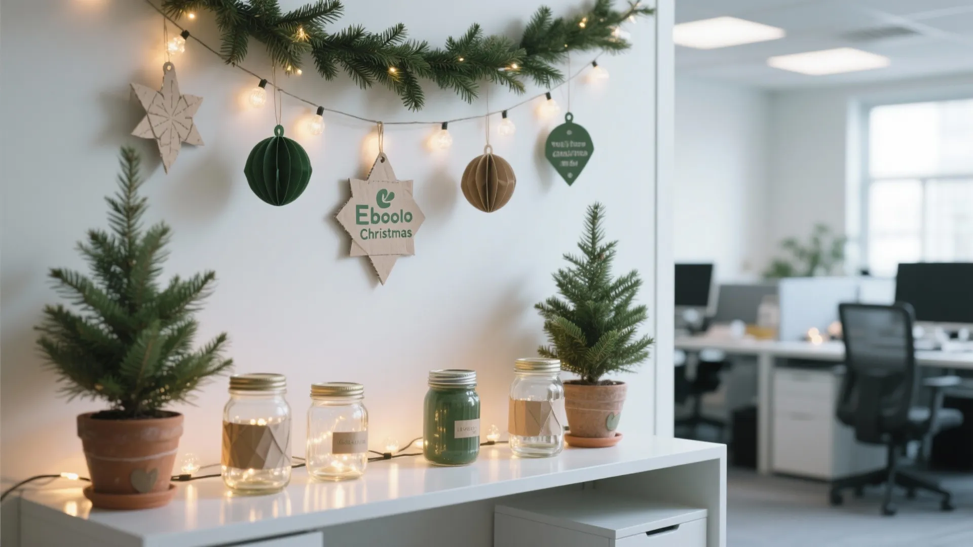 White office shelf holding small pine trees glass jars with lights and paper star ornaments