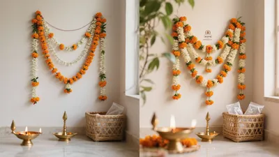 Indian Pooja Room Decor with Marigold Garlands