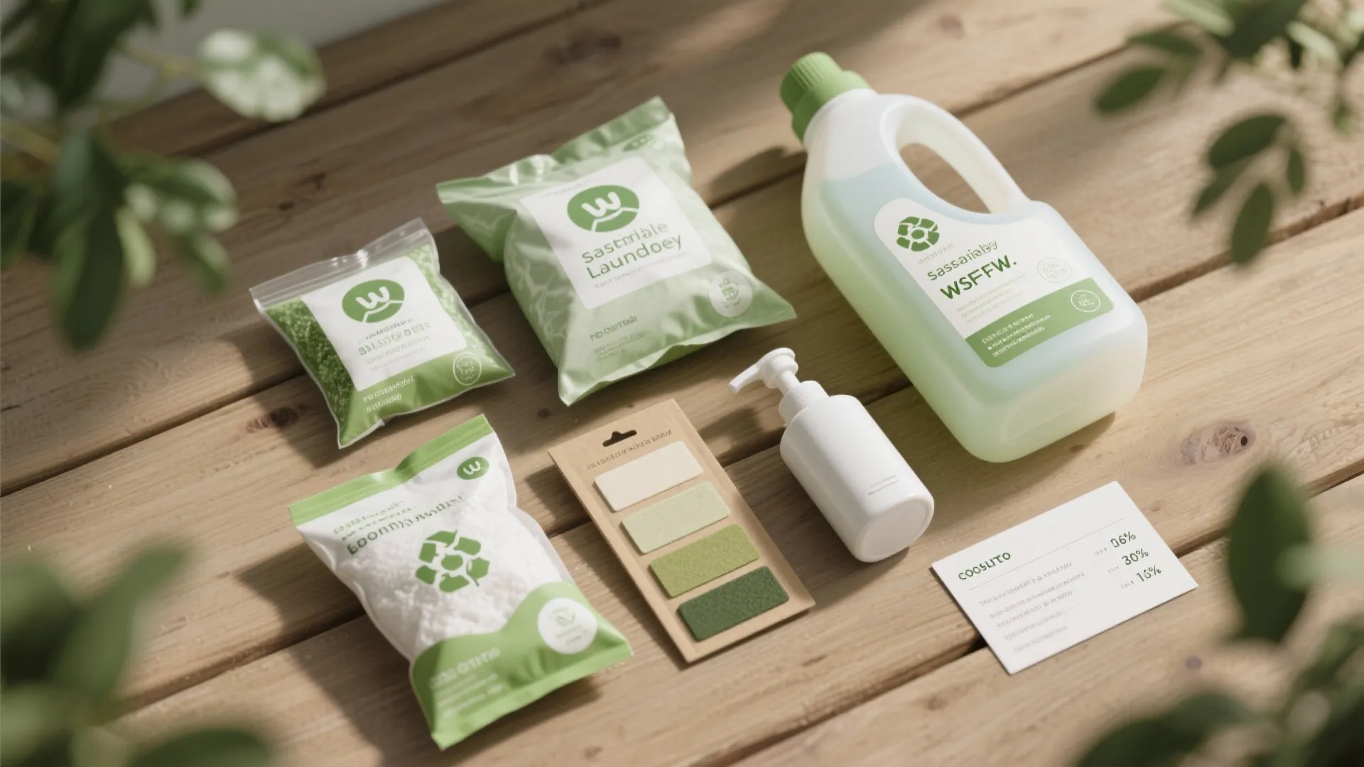 Flatlay showing bulk refill pouches, reusable dispensers and recyclable packaging for sustainable choices