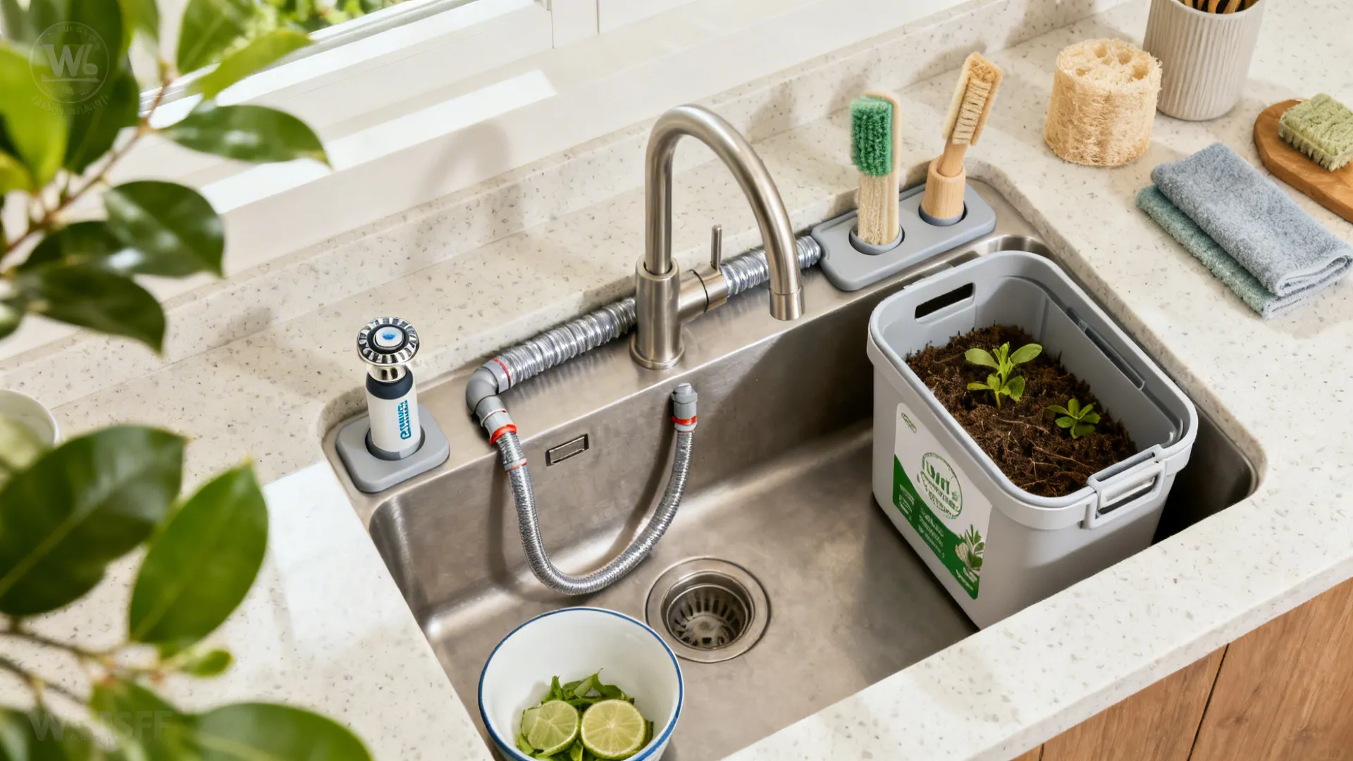 Eco-focused flat lay with aerator, insulated lines, compost caddy, and gentle cleaners by a double sink.
