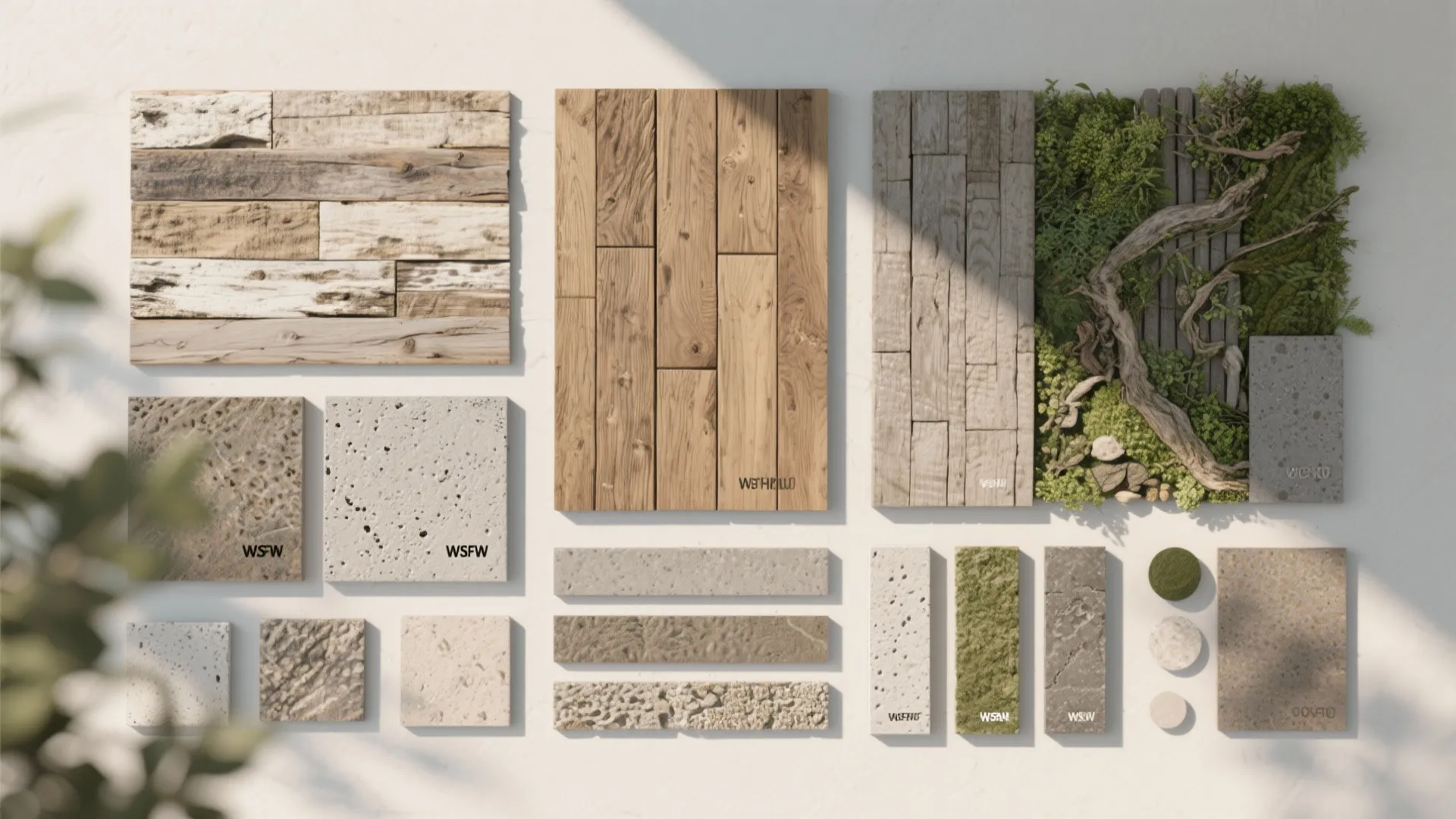 Flatlay of recycled wood and eco-concrete for wall design