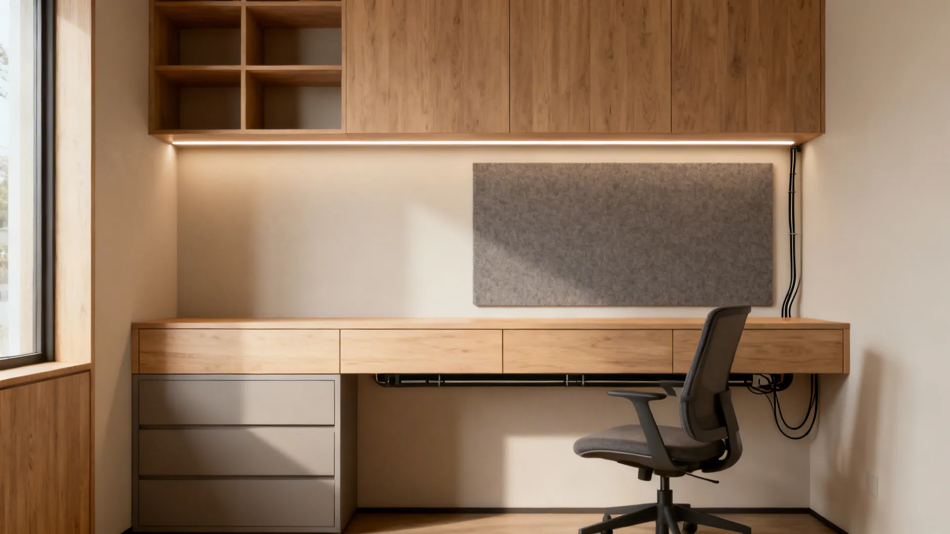South-west storage wall with a low credenza, felt pinboard, and solid backing behind the chair.