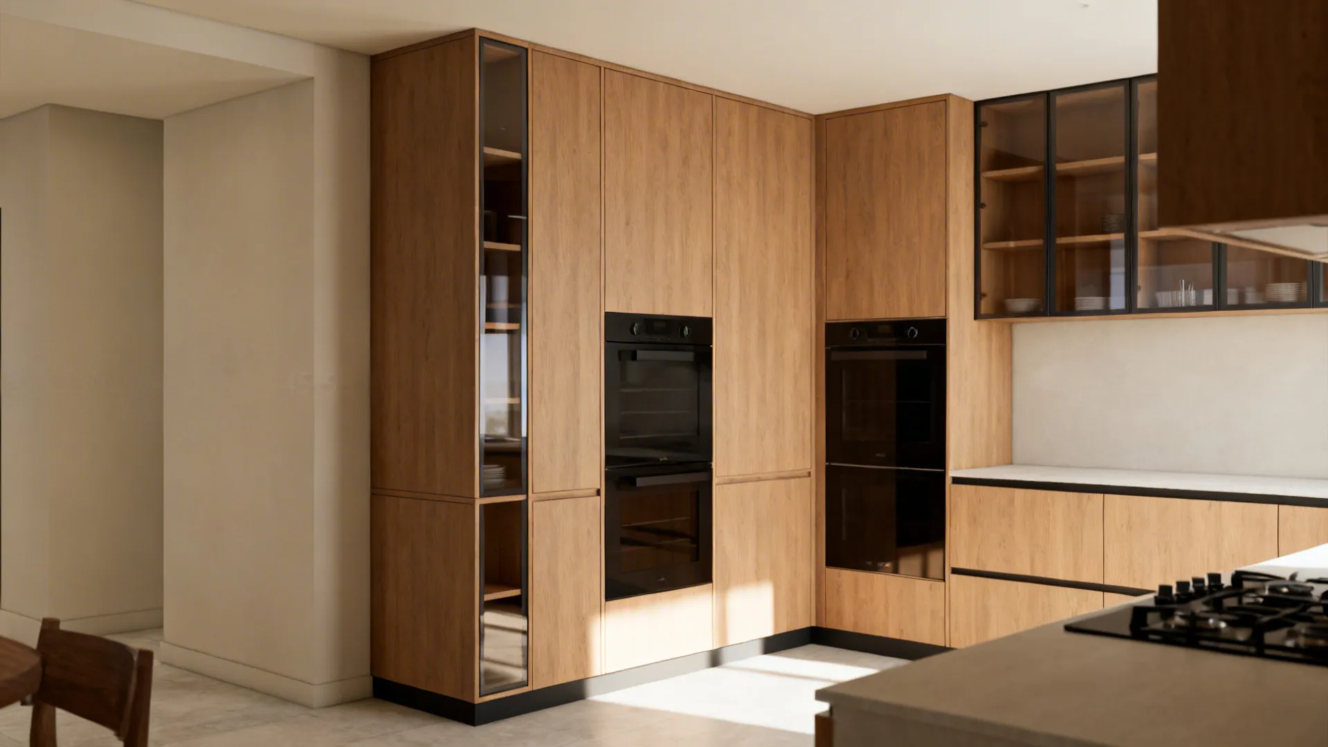 South-west kitchen corner with tall pantry and appliance towers, glass fronts, and open shelves for balanced massing.