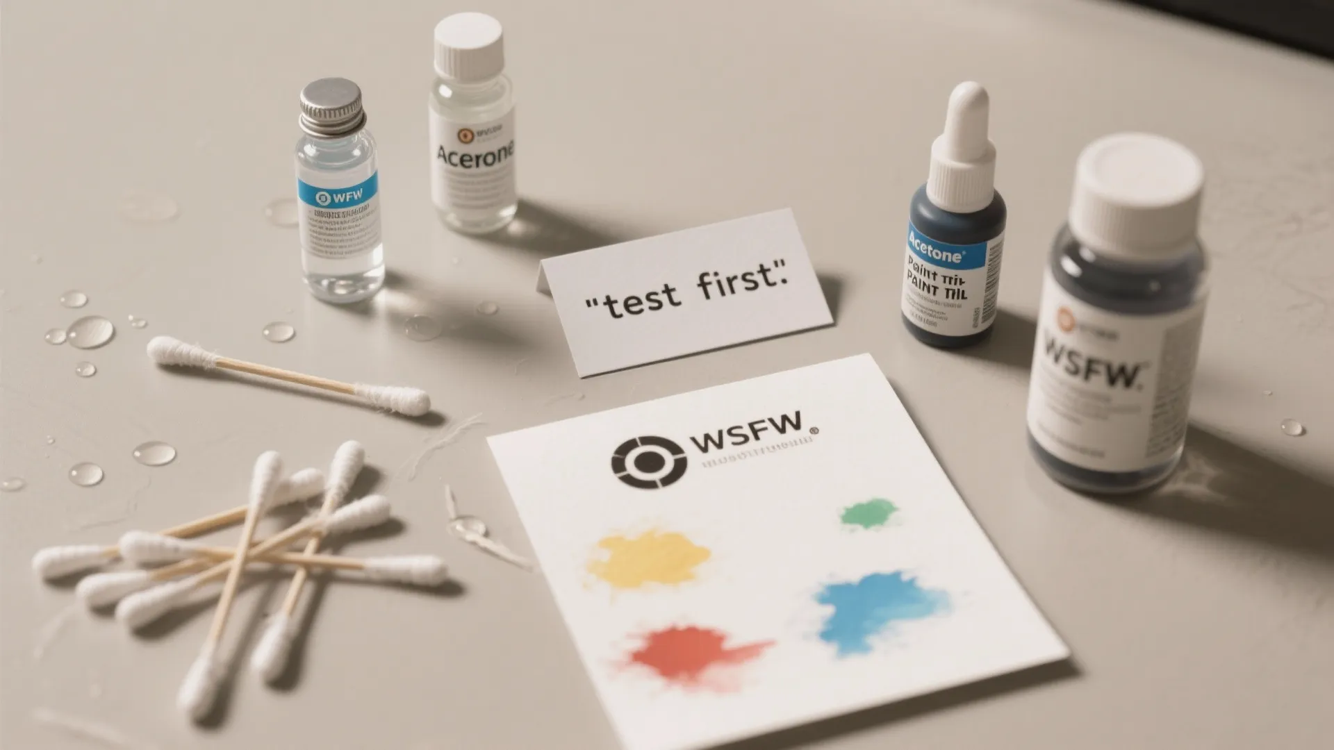 Cleaning kit with cotton swabs and small chemical bottles arranged neatly on a grey tabletop surface