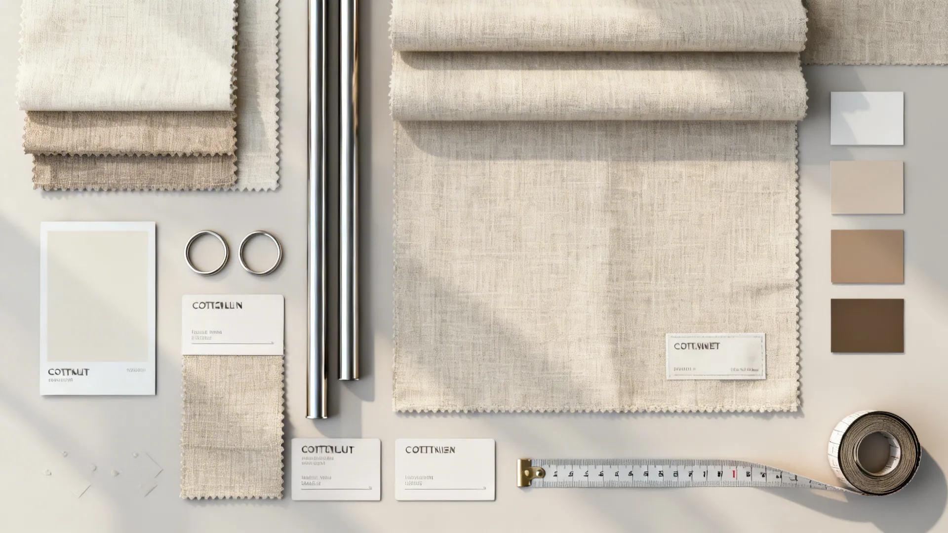 Top-down flatlay of fabric swatches, hardware and color chips for swag curtains