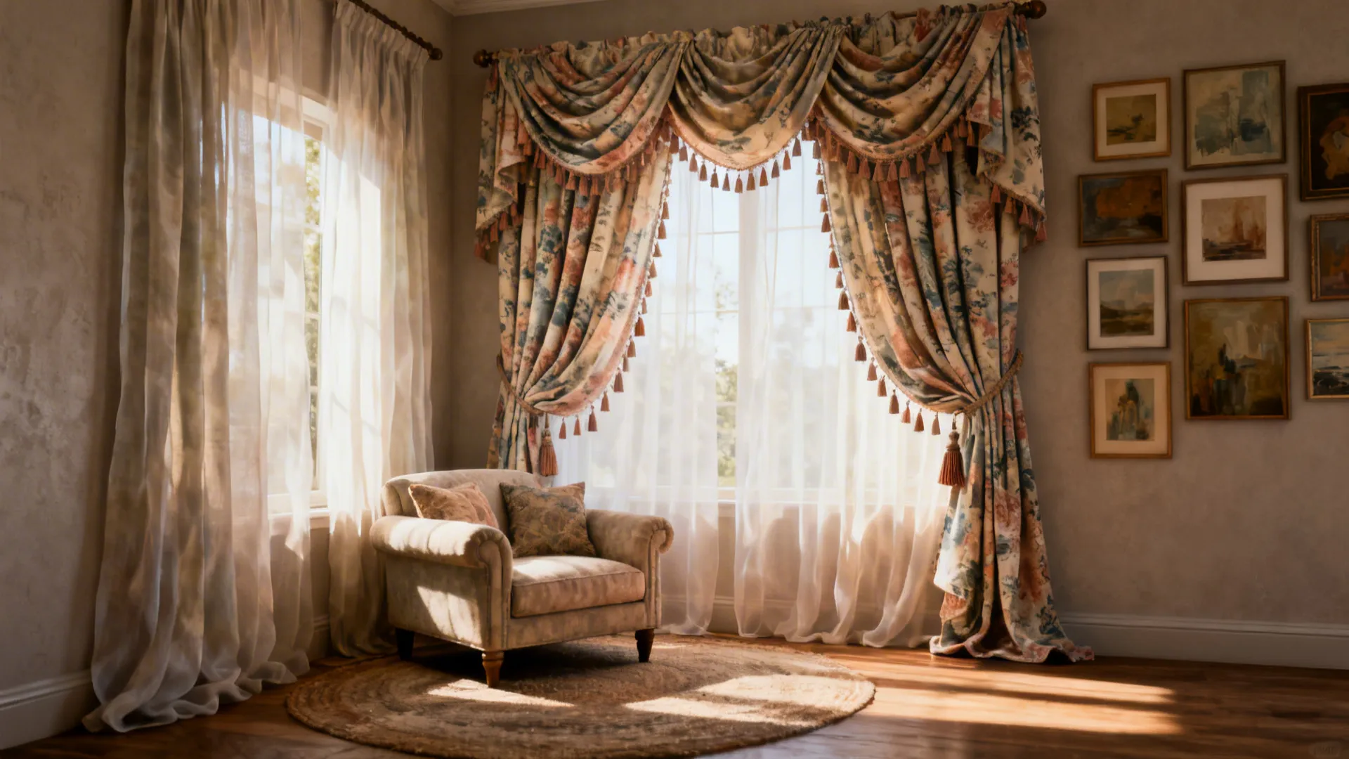 Traditional living room with floral curtains cozy armchair round rug and framed art on wall