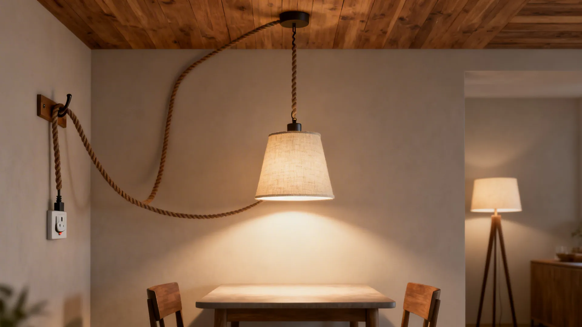 Plug-in swag pendant with linen shade hangs over a dining table, cord neatly draped to a hook.