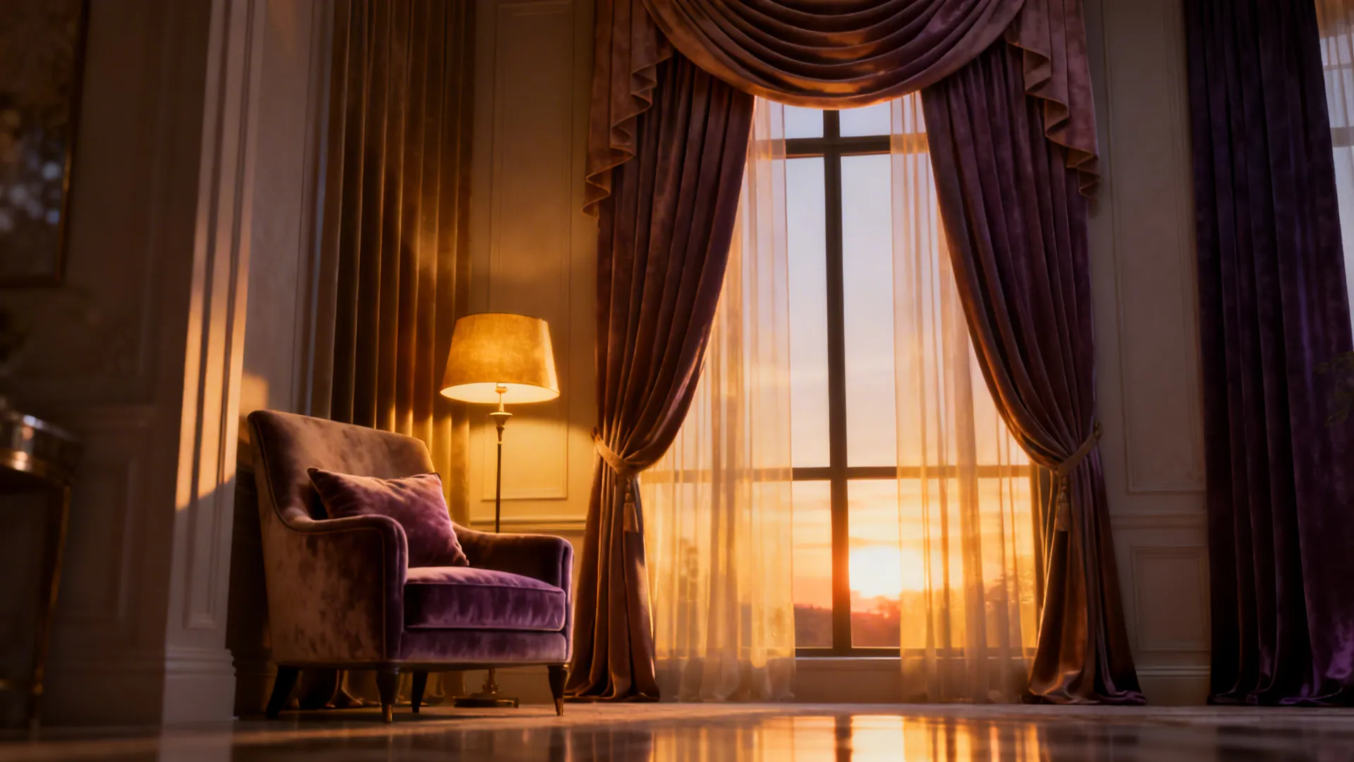 Luxurious living room with purple armchair and floor lamp near window with purple curtains at sunset