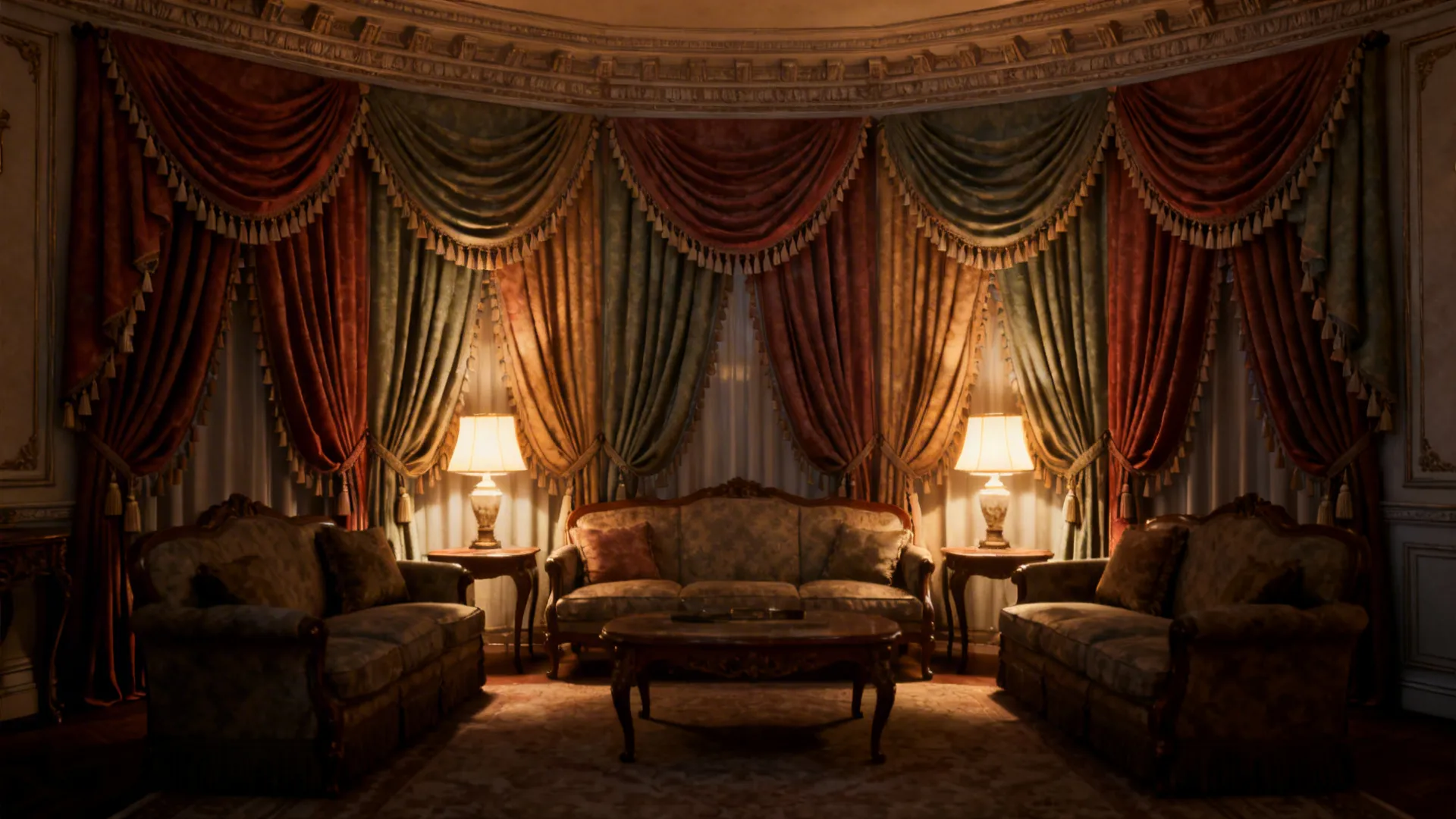 Traditional living room with three sofas table lamps coffee table and many heavy colorful curtains