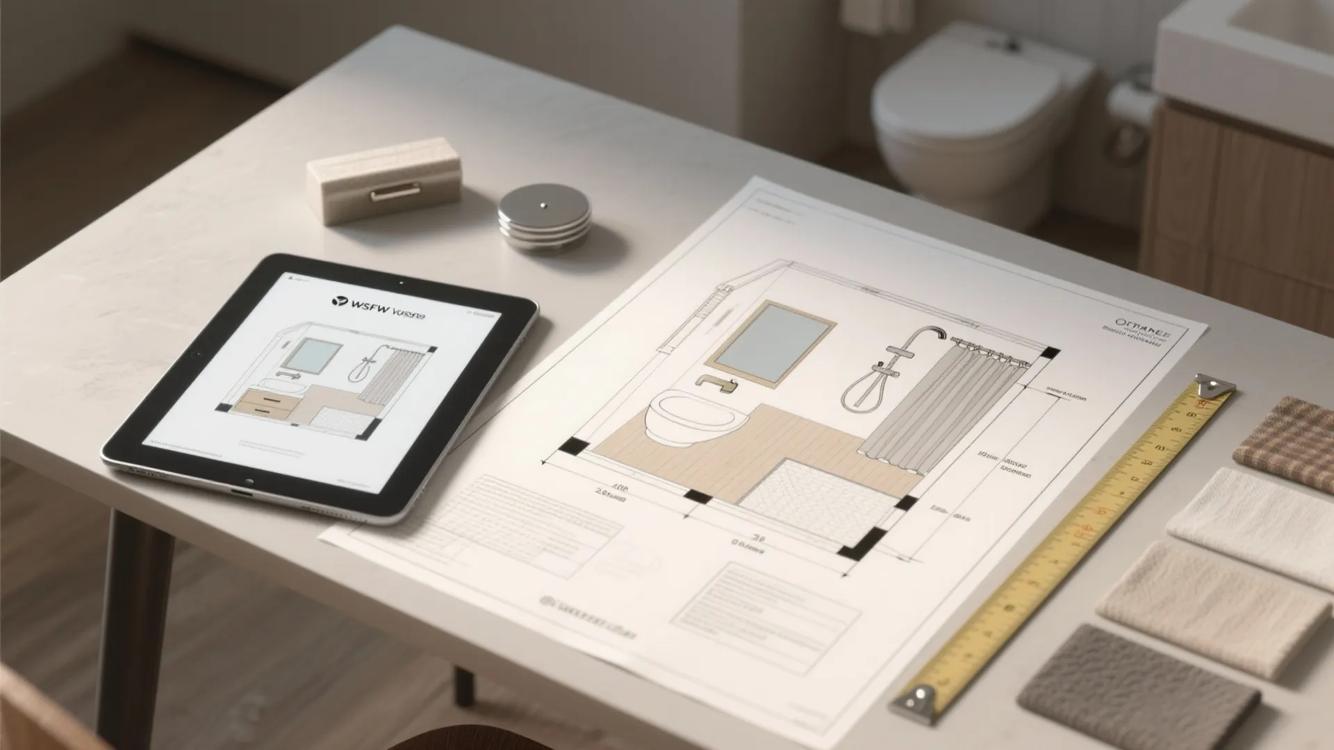 Tablet and printed bathroom interior design drawing with a ruler and fabric samples on desk