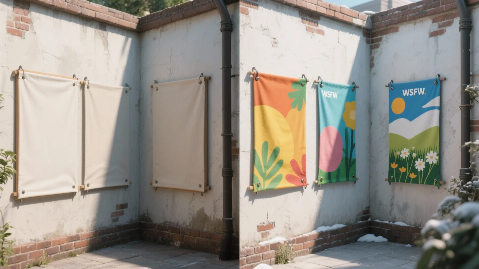 Before and after comparison showing plain wall panels replaced by colorful graphic art on walls